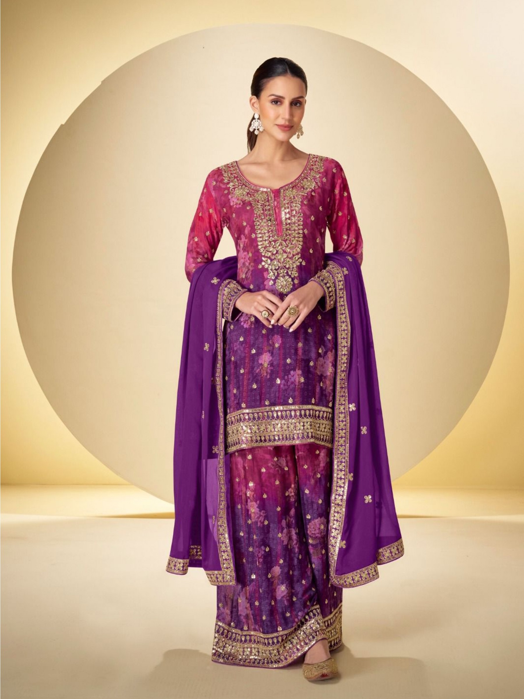Real Chinon Silk Party Wear Sharara Purple Color with Embroidery Work