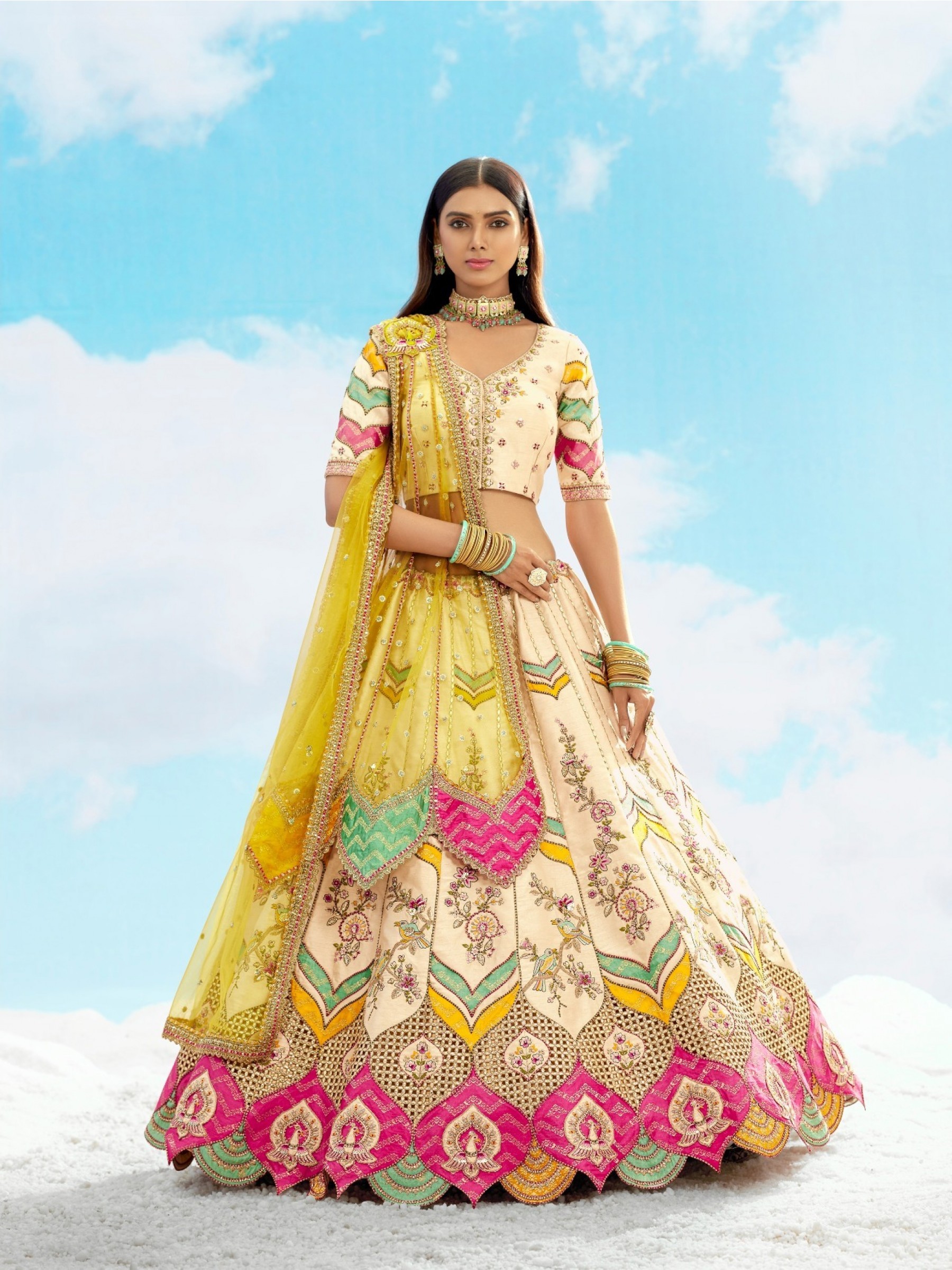 Fancy Silk Wedding Wear Lehenga in Cream Color With Embroidery work