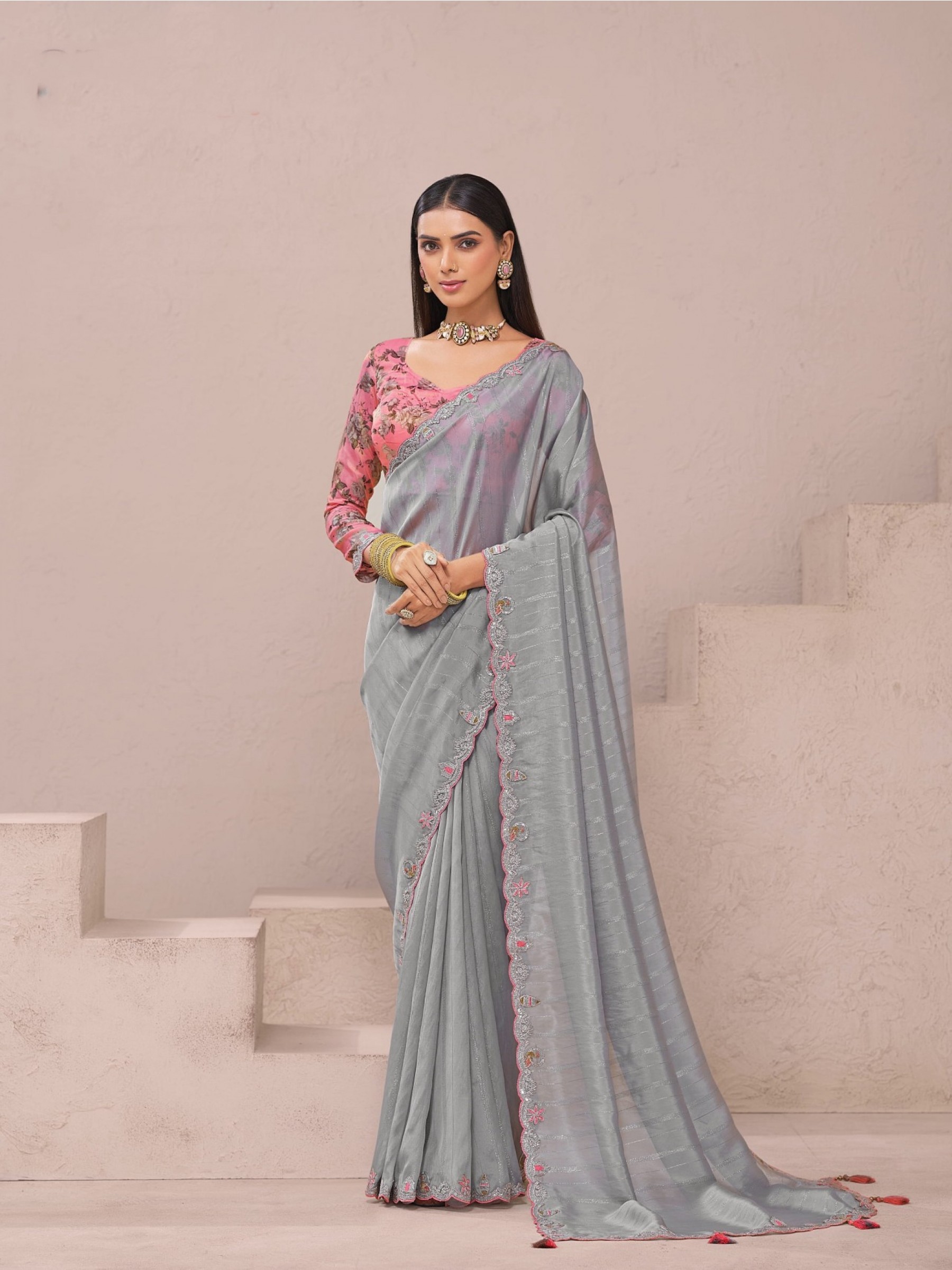 Fancy Silk Party wear Saree In Grey Color With Designer Border & Work