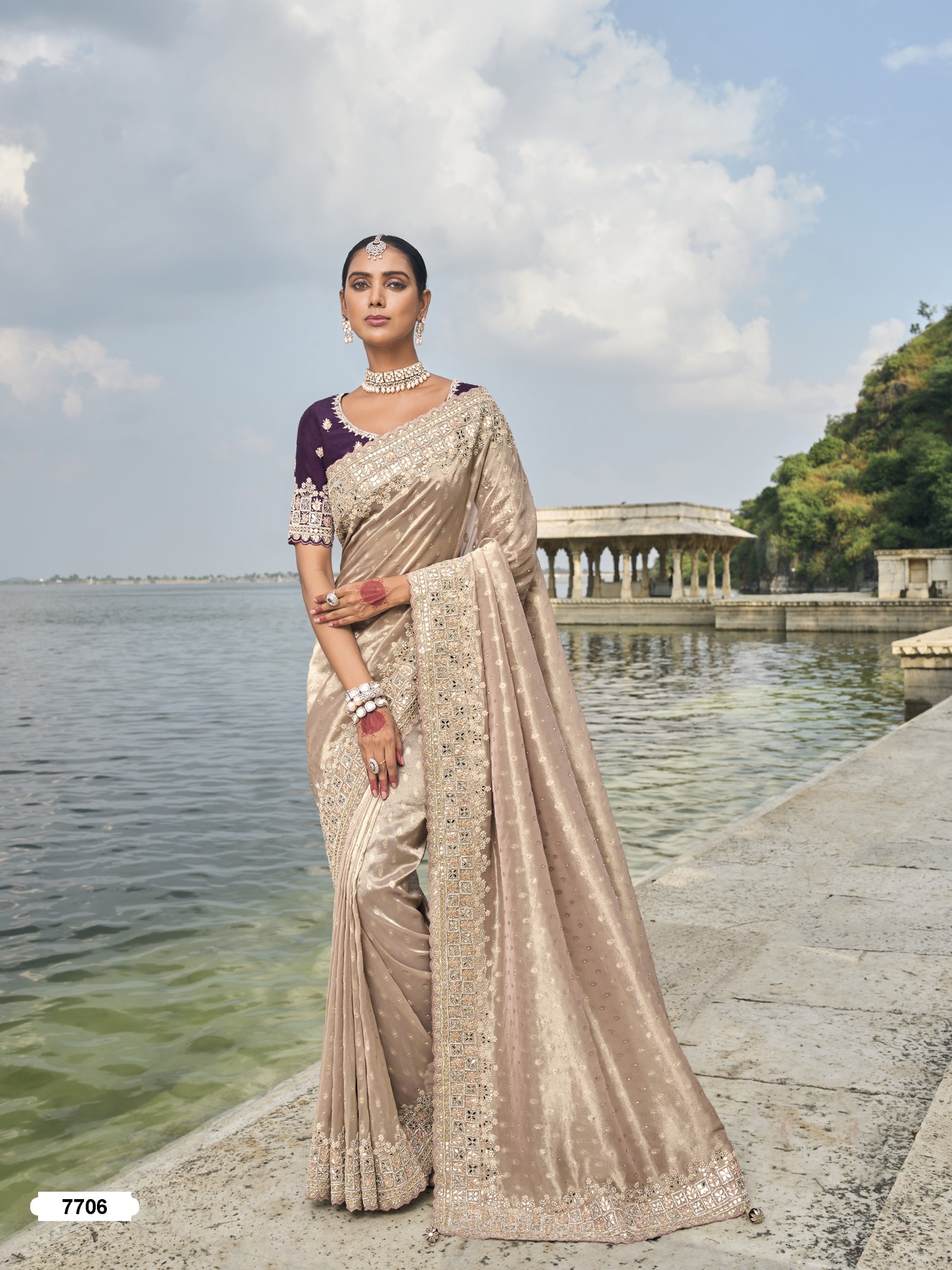Pure Kanjivaram Silk Fabric Wedding wear Saree In Peach Color With Embroidery & Mirror Work