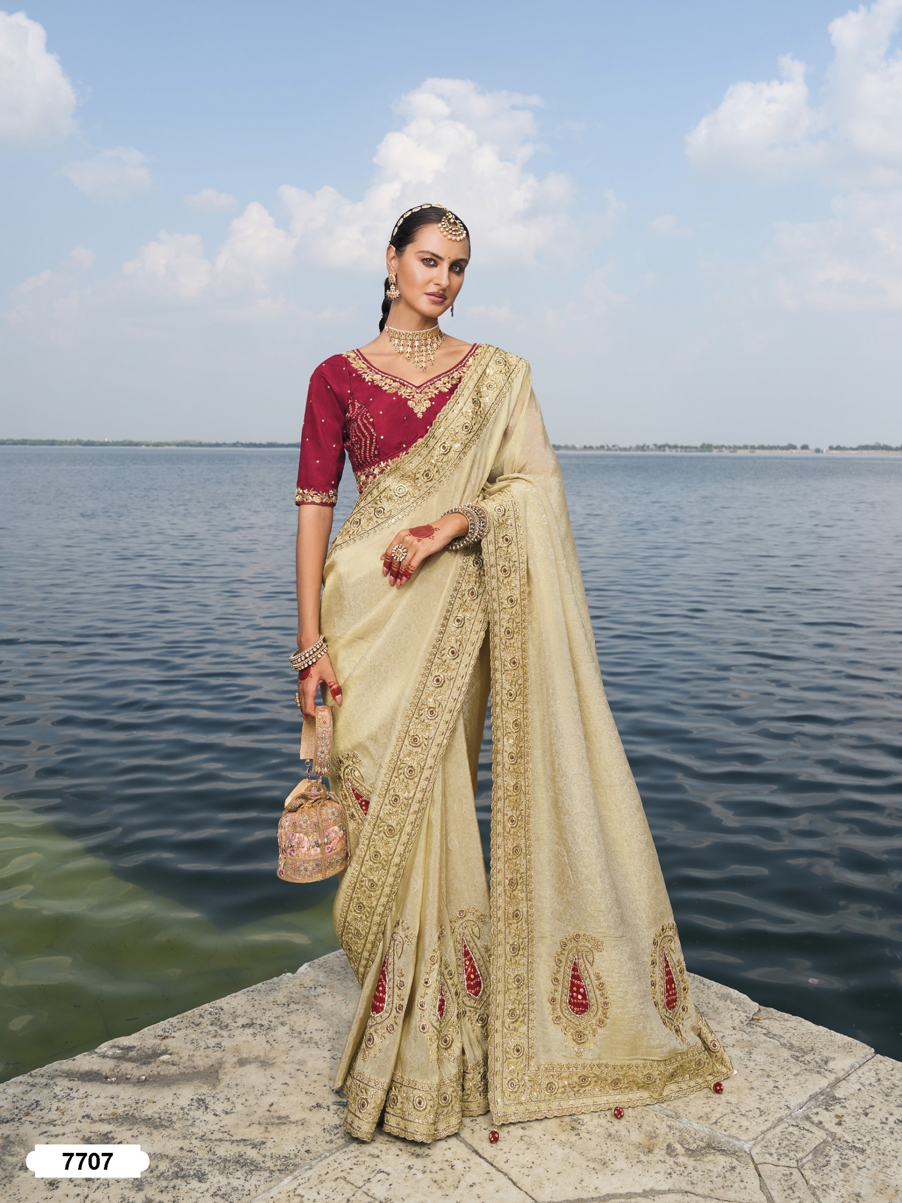 Pure Crepe Jacquard Silk Fabric Wedding wear Saree In Cream Color With Embroidery & Jardoshi work 