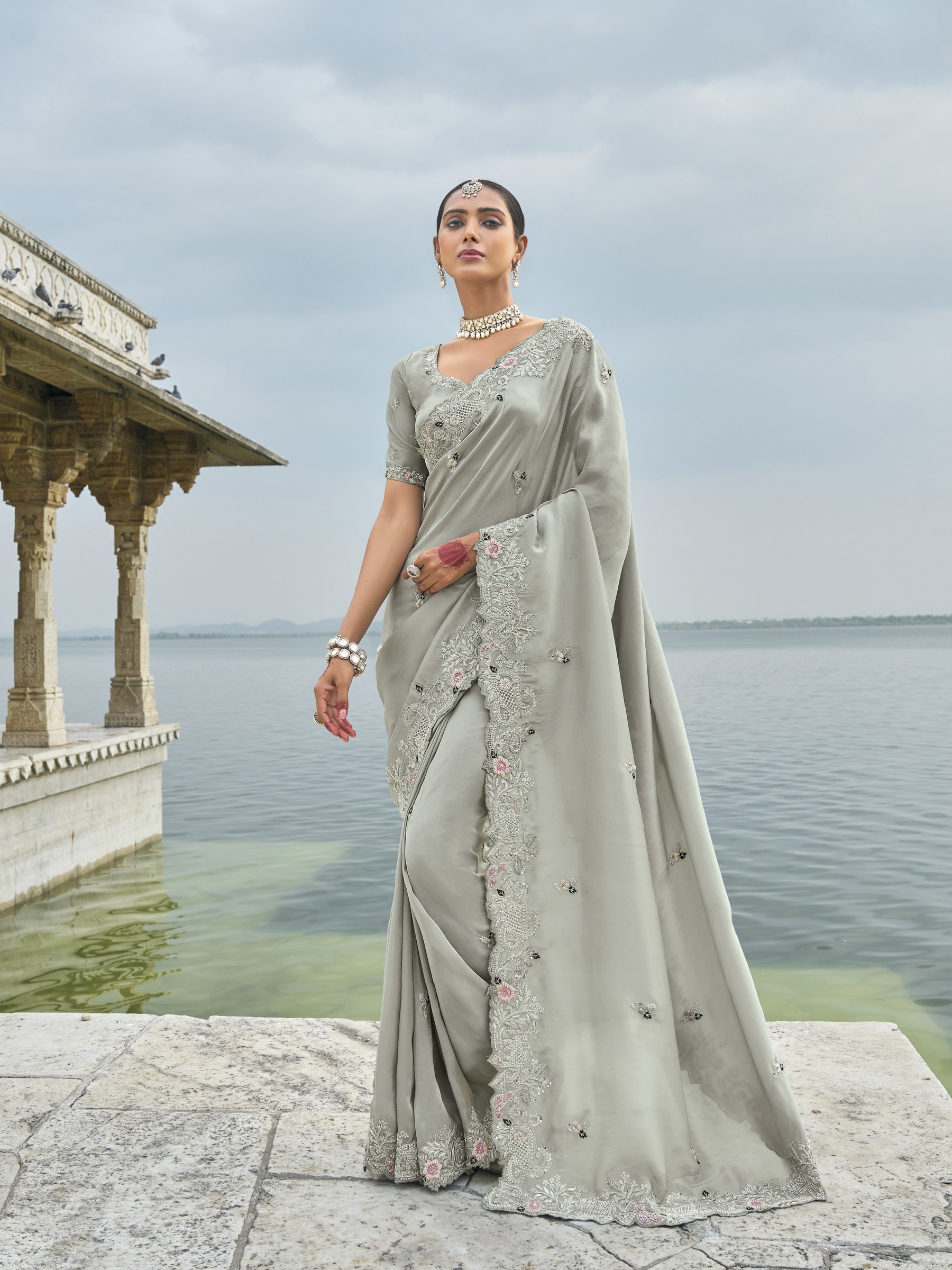Pure Banarasi Silk Fabric Wedding wear Saree In Grey Color With Embroidery Work