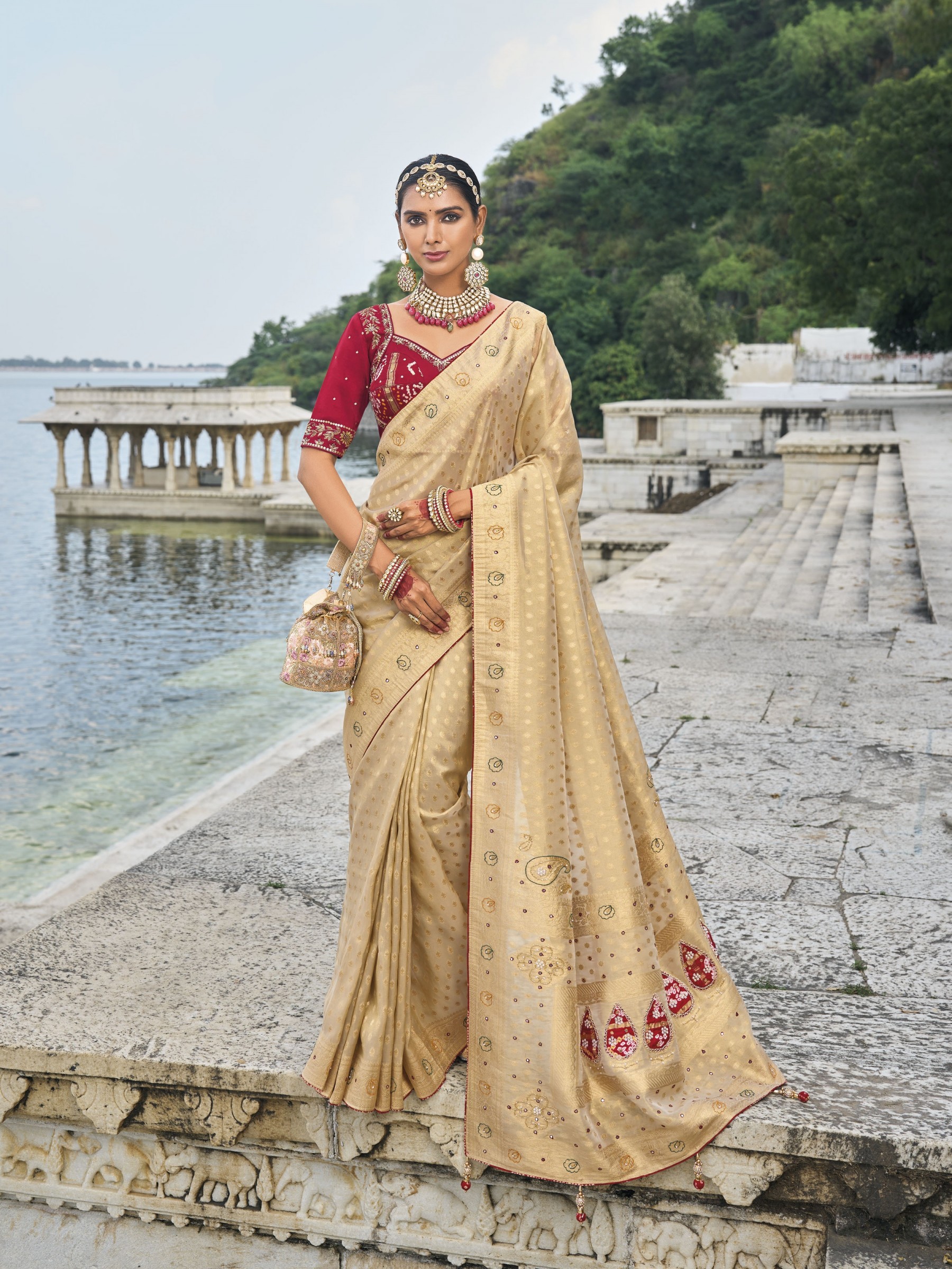 Pure Kanjivaram Silk Fabric Wedding wear Saree In Chiku Color With Cut dana & Jardoshi Work