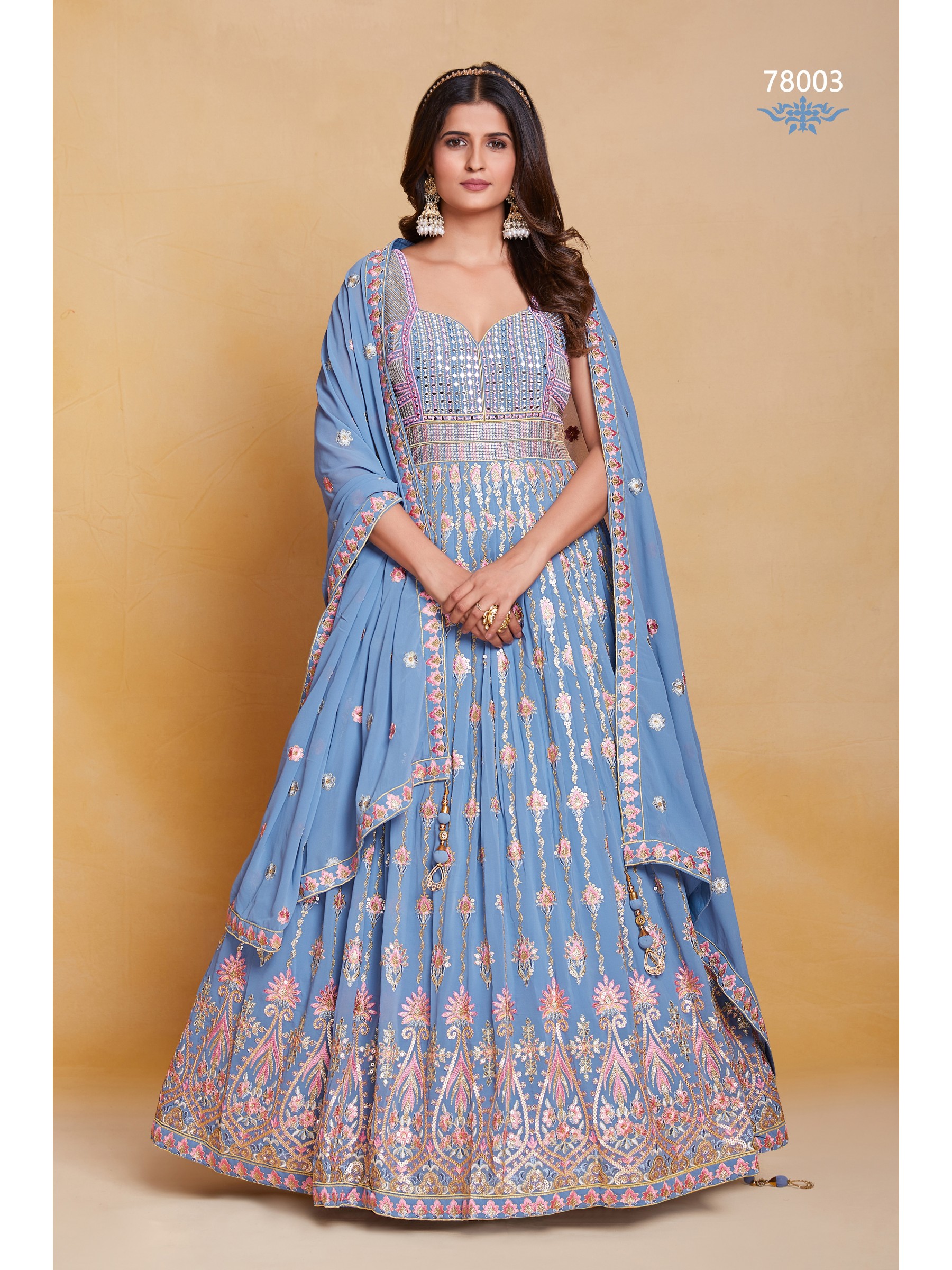 Pure Georgette  Party Wear Gown Blue Color with  Embroidery Work