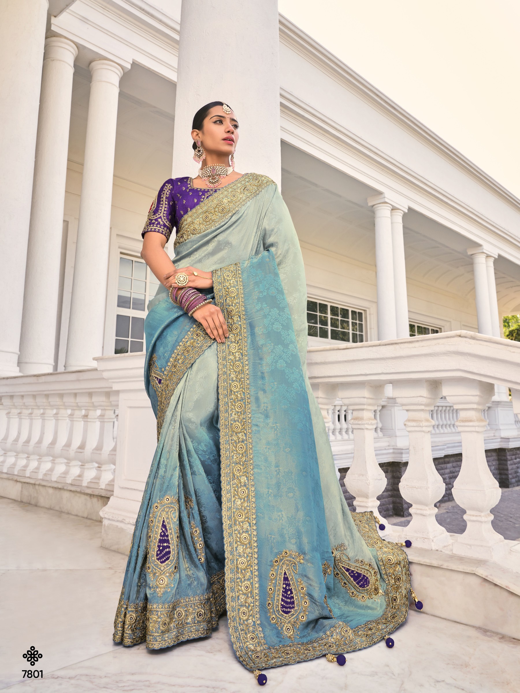 Pure Crape Silk Wedding Wear Saree In Sky Blue Color With Embroidery Work 