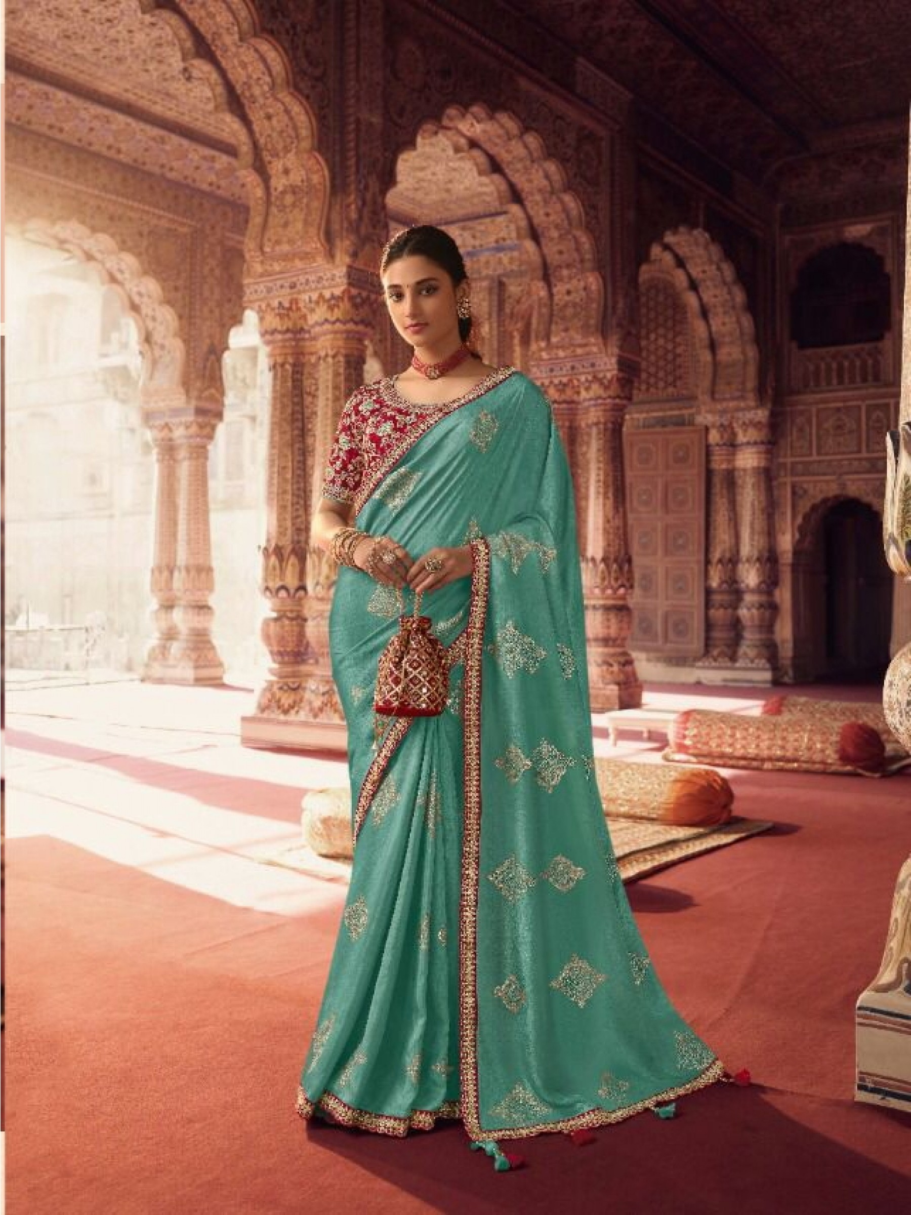 Dola Silk  Saree Turquoise Color With Embroidery Work