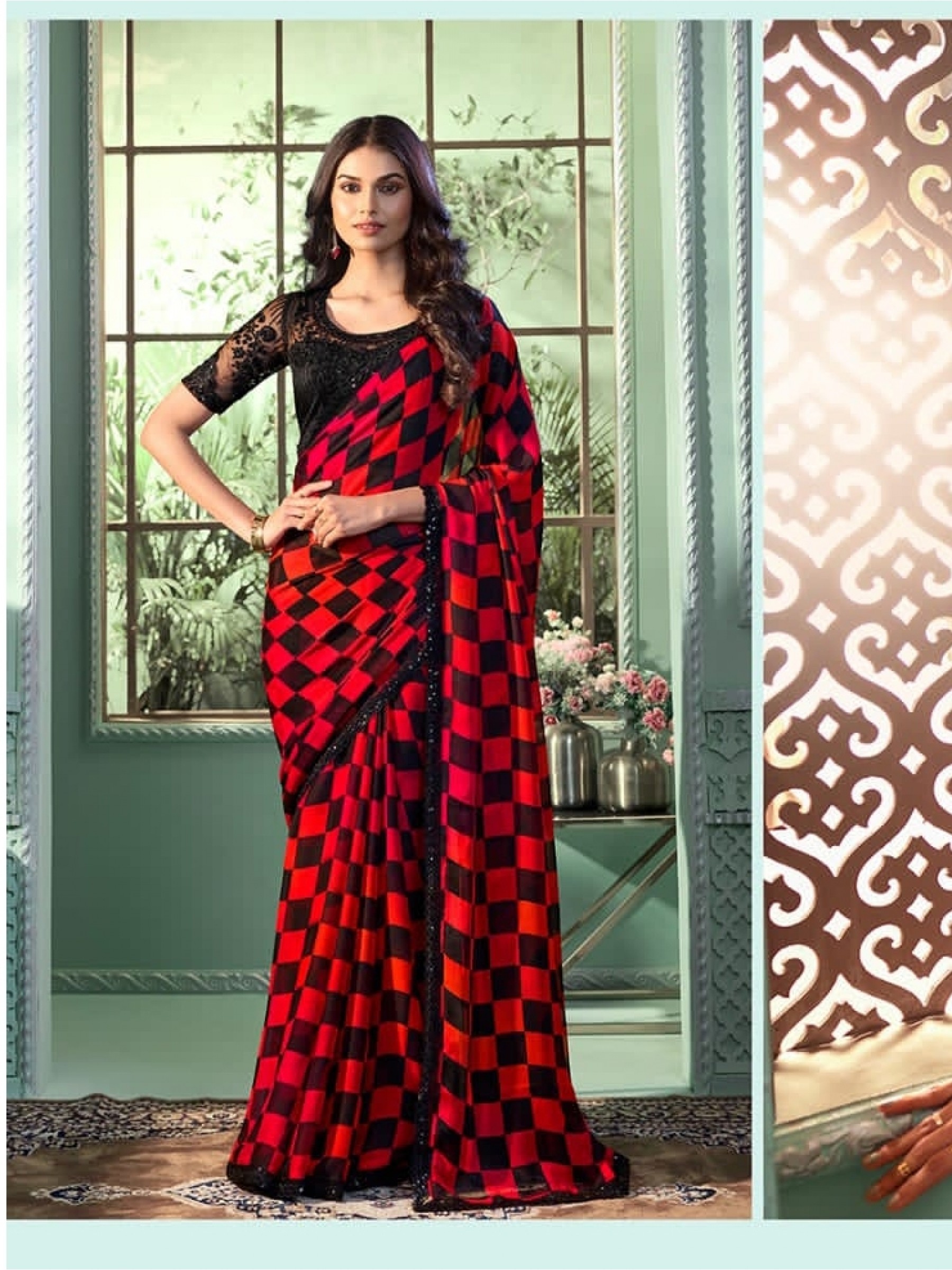 Chiffon  Party wear Saree Red Color With Embroidery Work