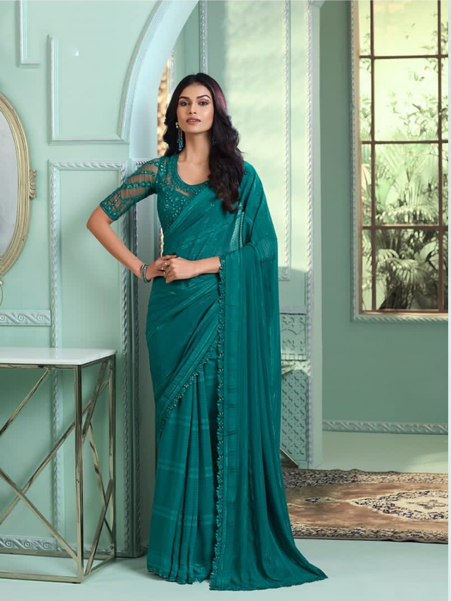 Chiffon  Party wear Saree Turquoise Color With Embroidery Work
