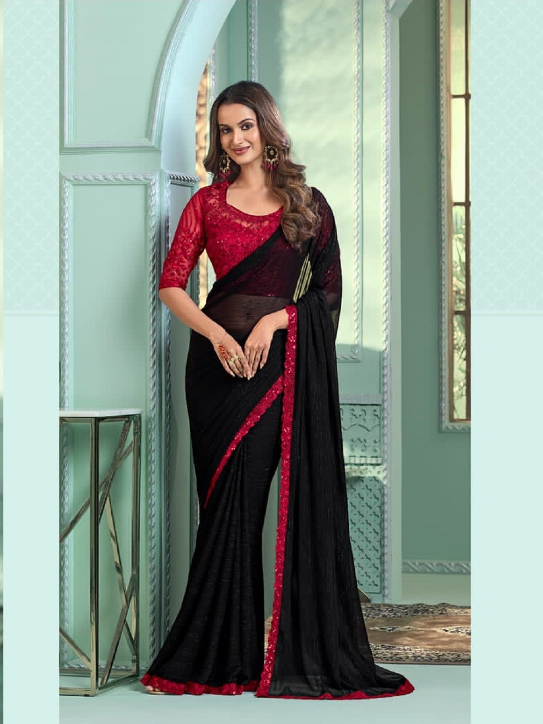 Chiffon  Party wear Saree Black Color With Embroidery Work