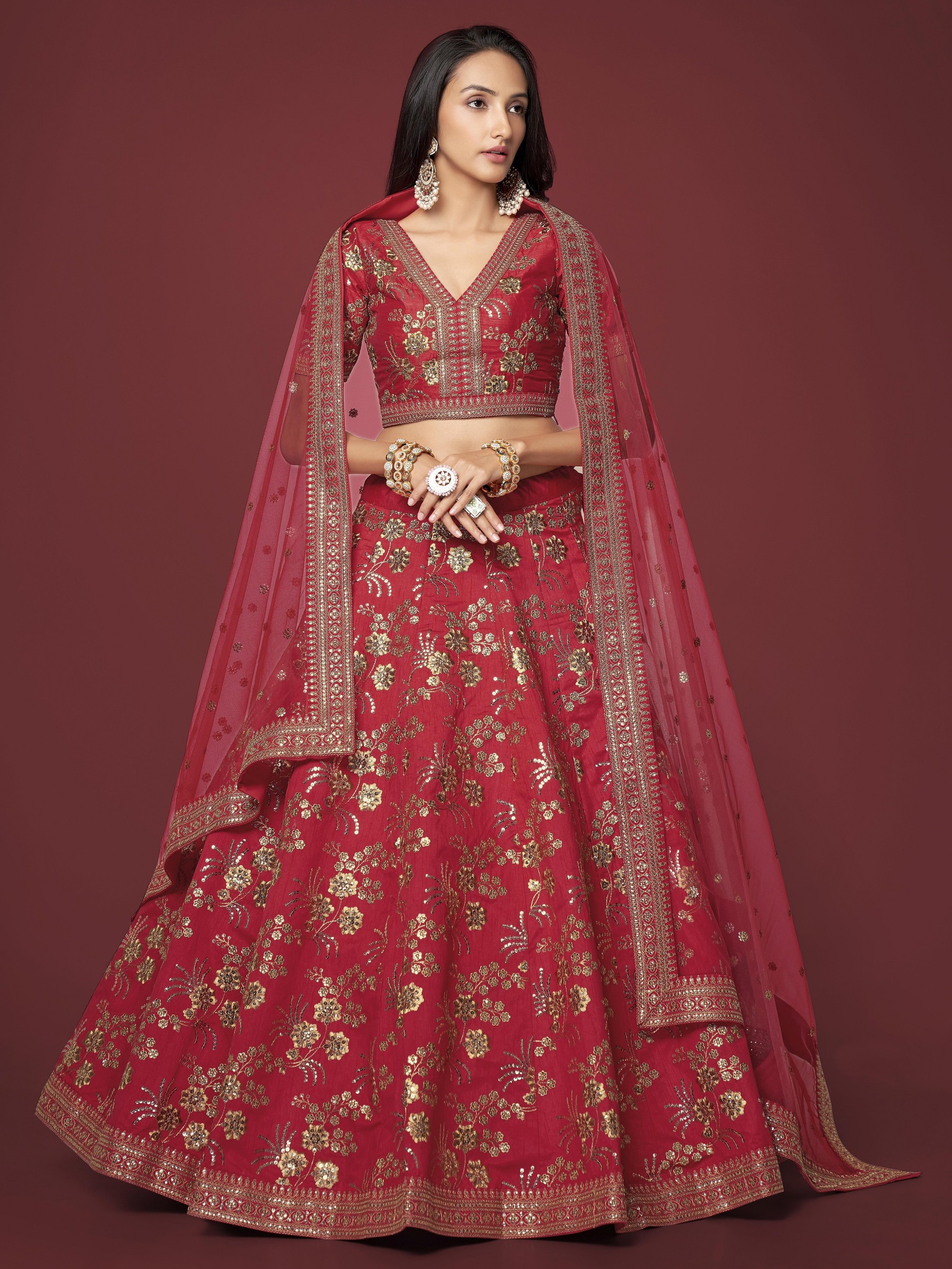  Silk  Party Wear Lehenga In Red Color With Embroidery Work