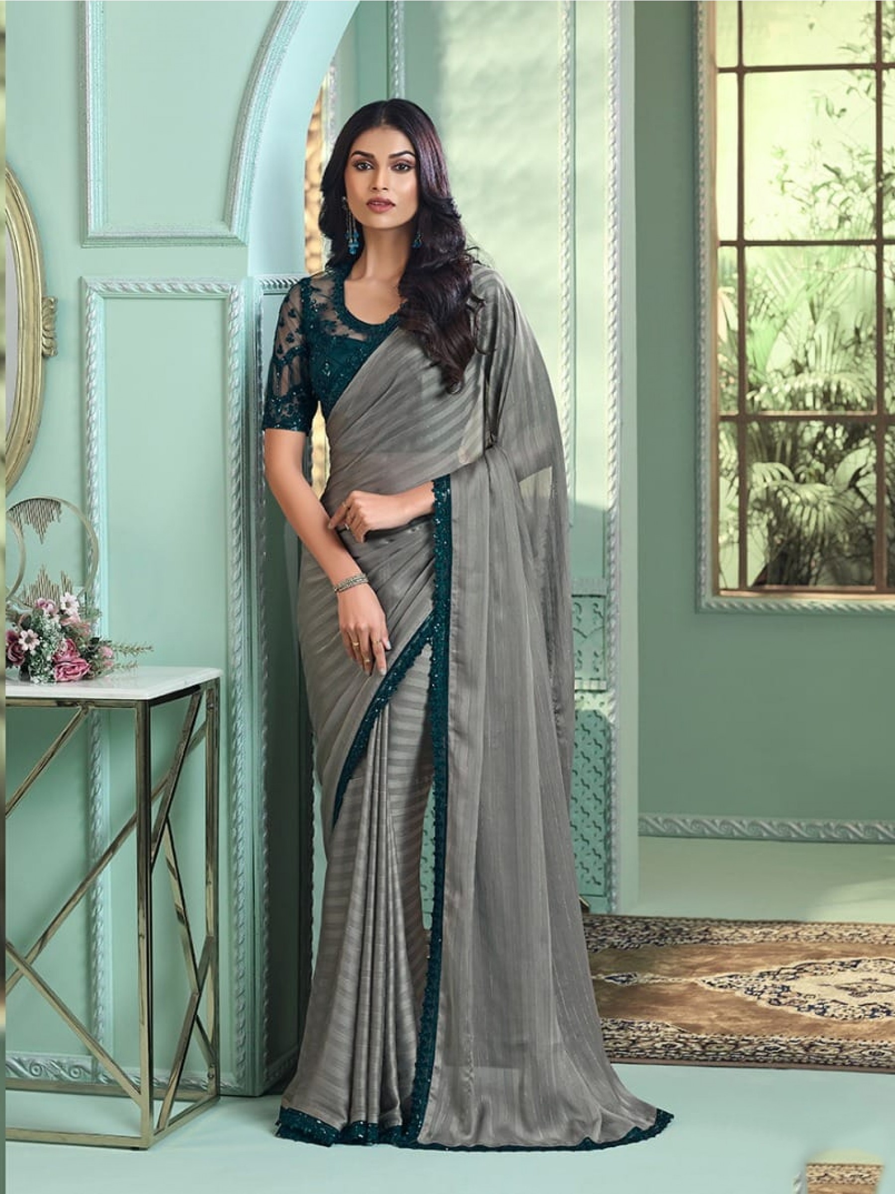 Georgette Silk  Party wear Saree Grey Color With Embroidery Work