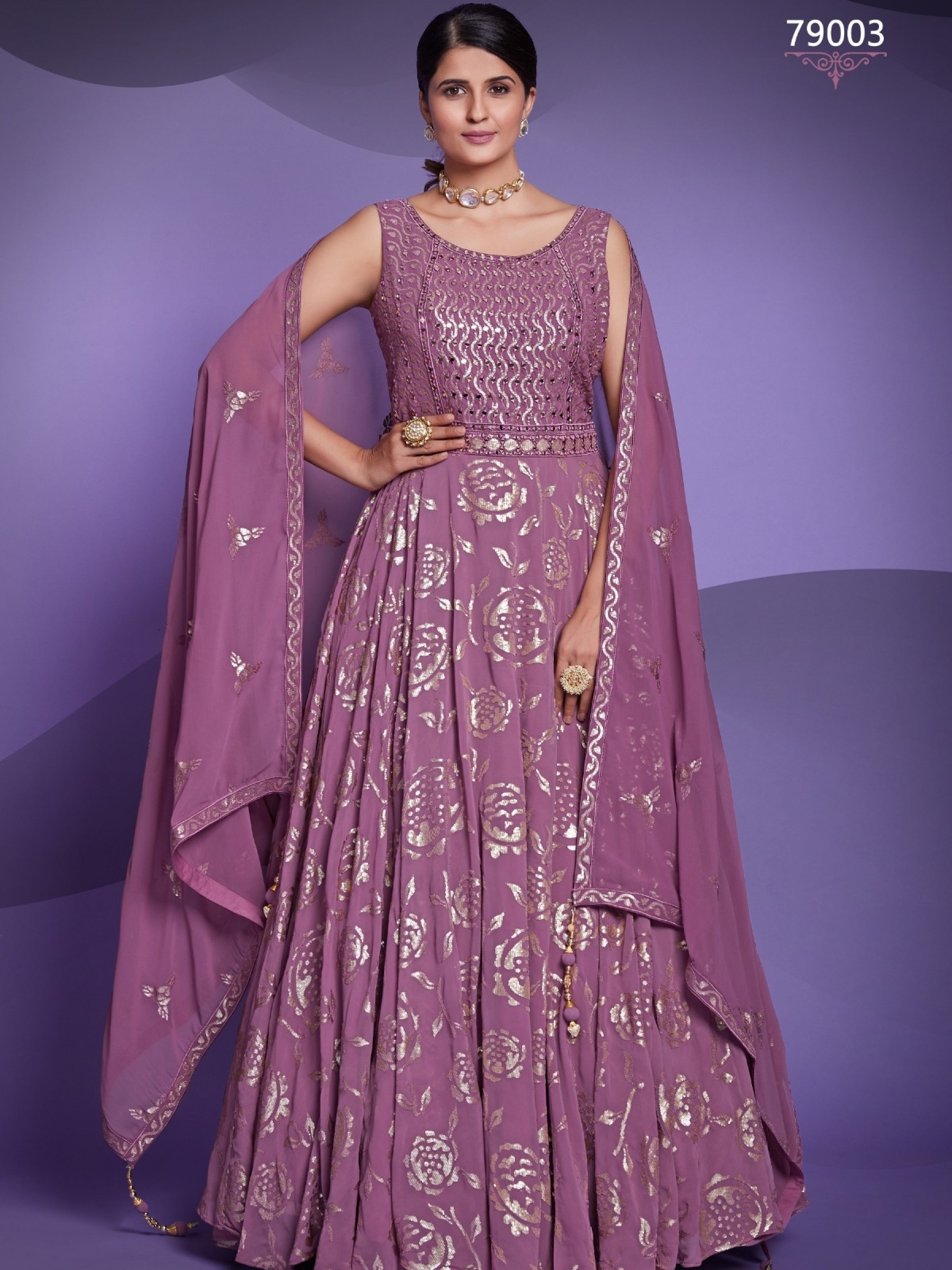 Pure Georgette  Party Wear Gown Purple Color with  Embroidery Work