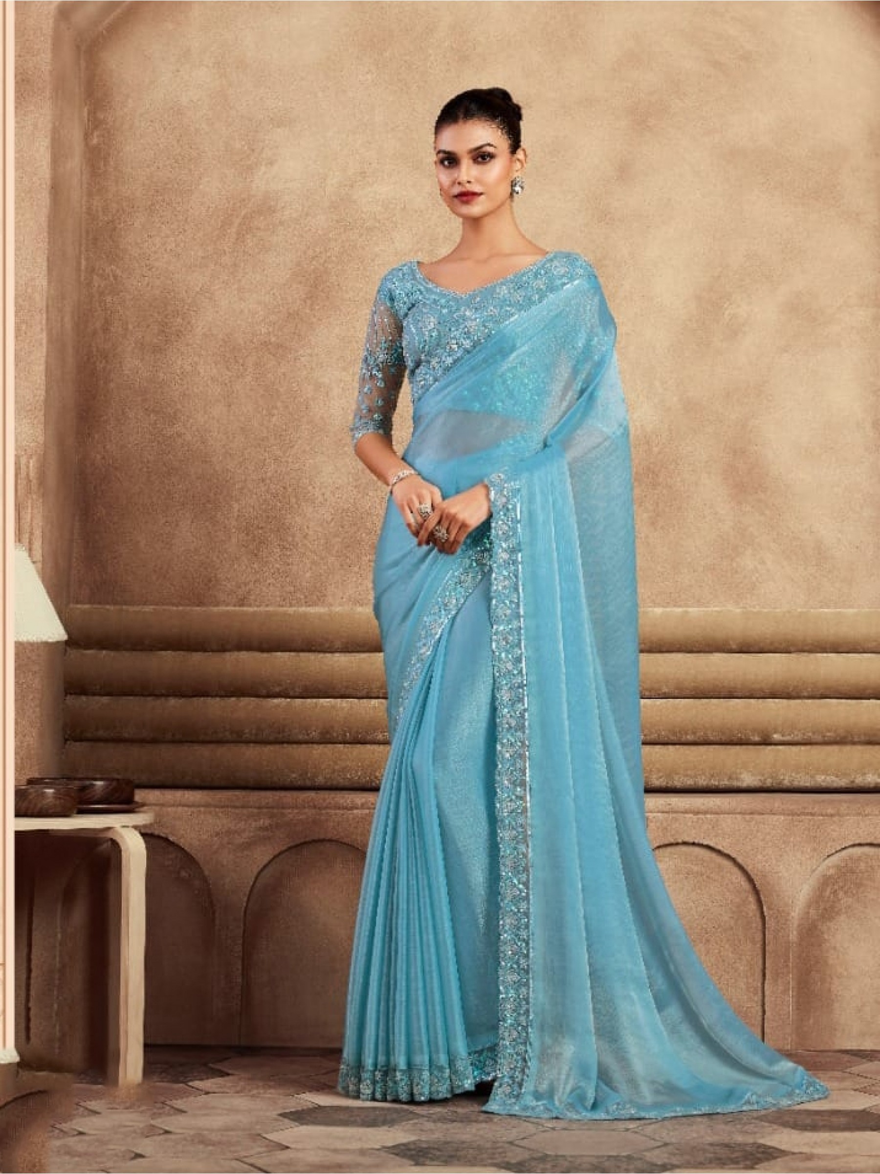 Chiffon Silk  Party wear Saree Blue Color With Embroidery Work