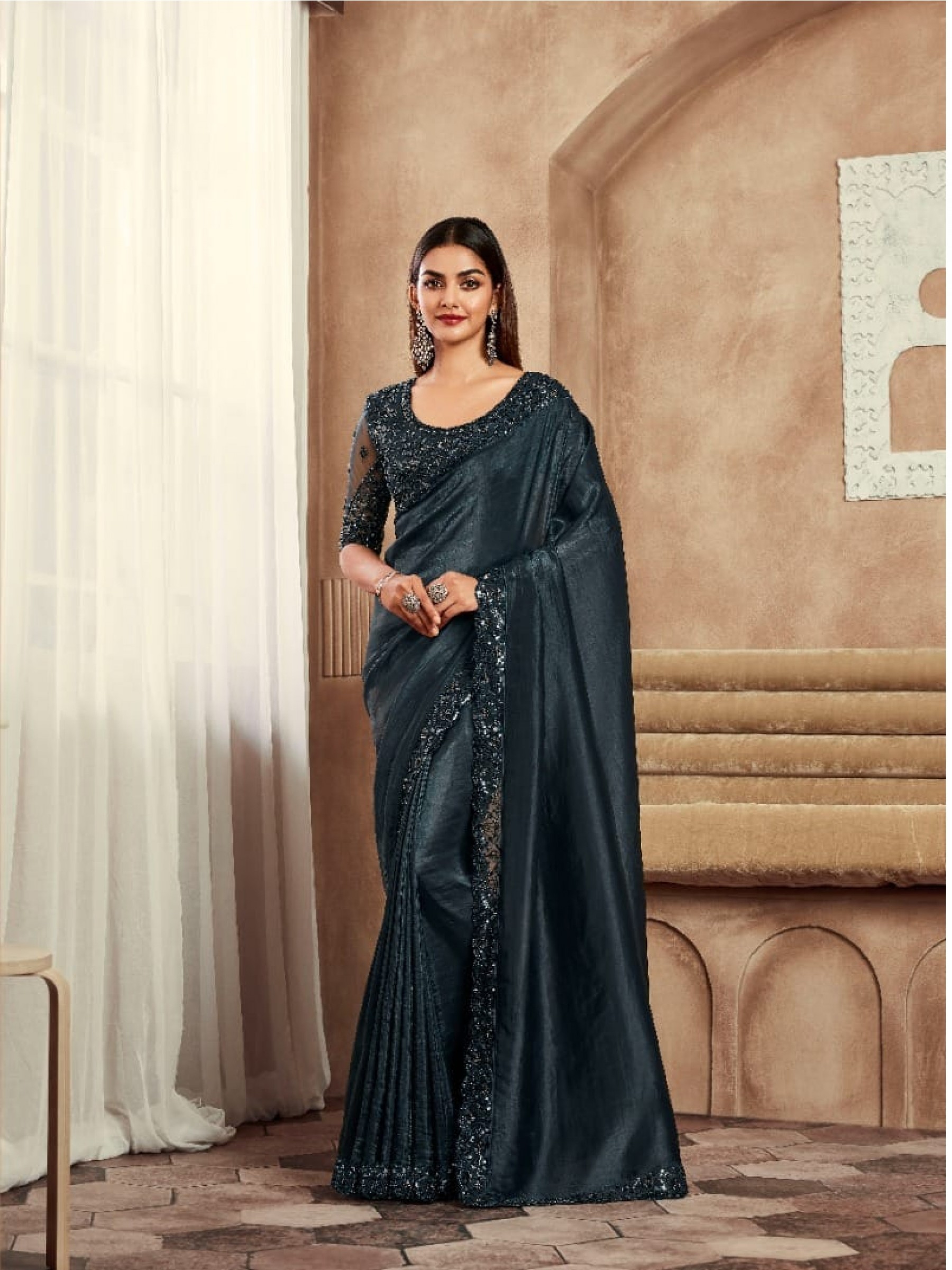 Sateen Silk  Party wear Saree Black Color With Embroidery Work