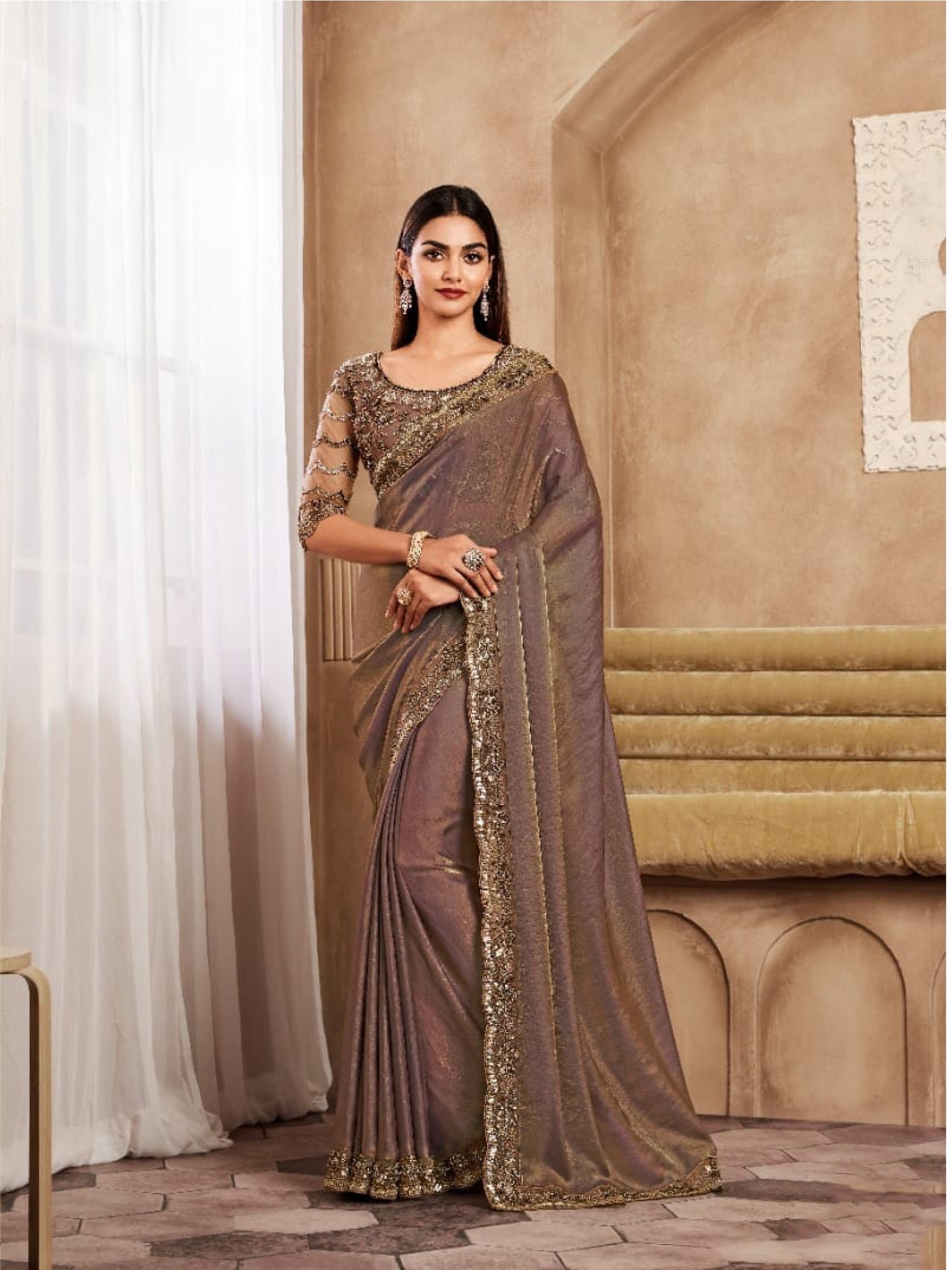 Soft Silk  Party wear Saree Brown Color With Embroidery Work