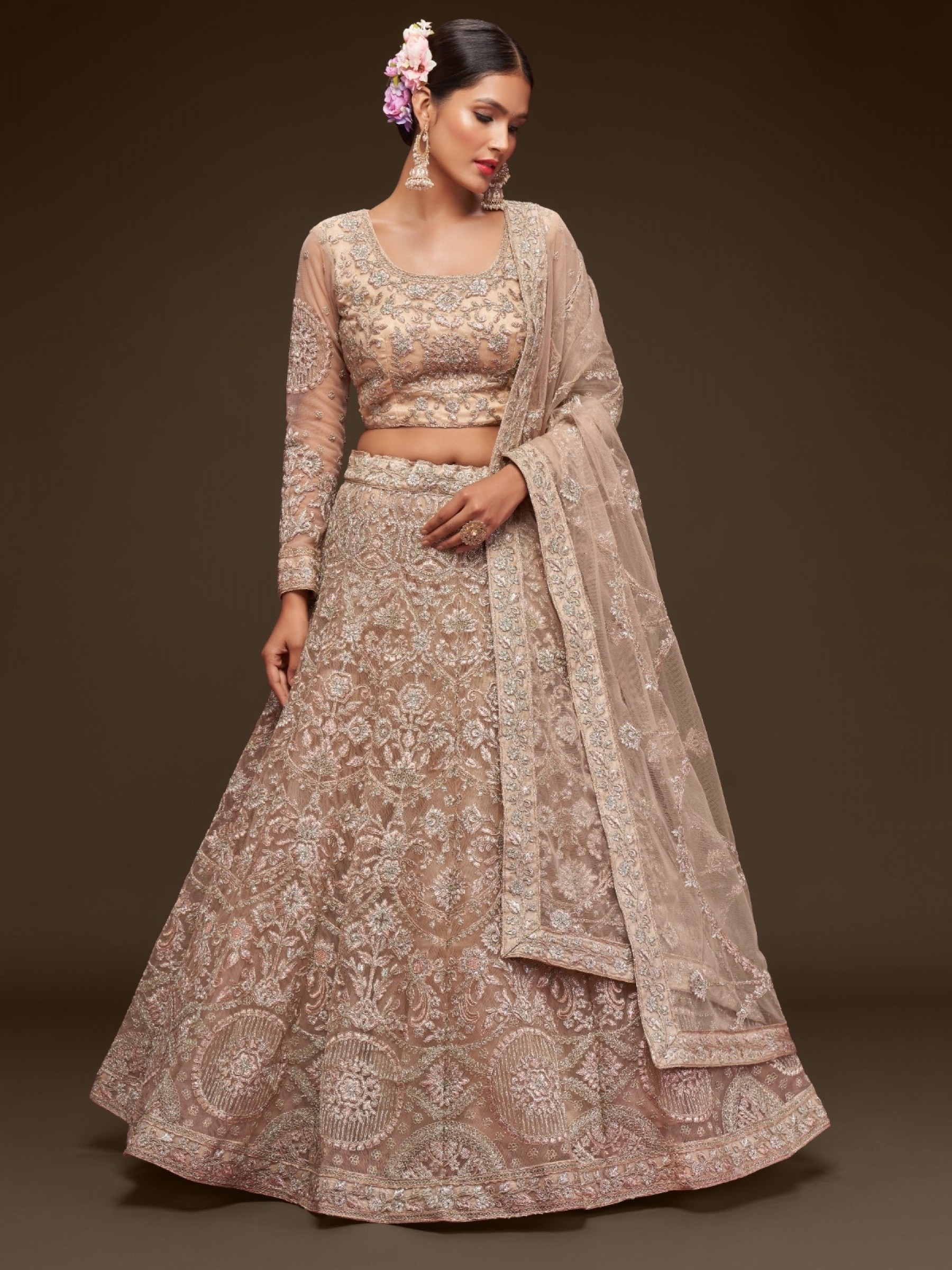 Soft Premium Net Wedding Wear Lehenga In Beige Color  With Embroidery Work