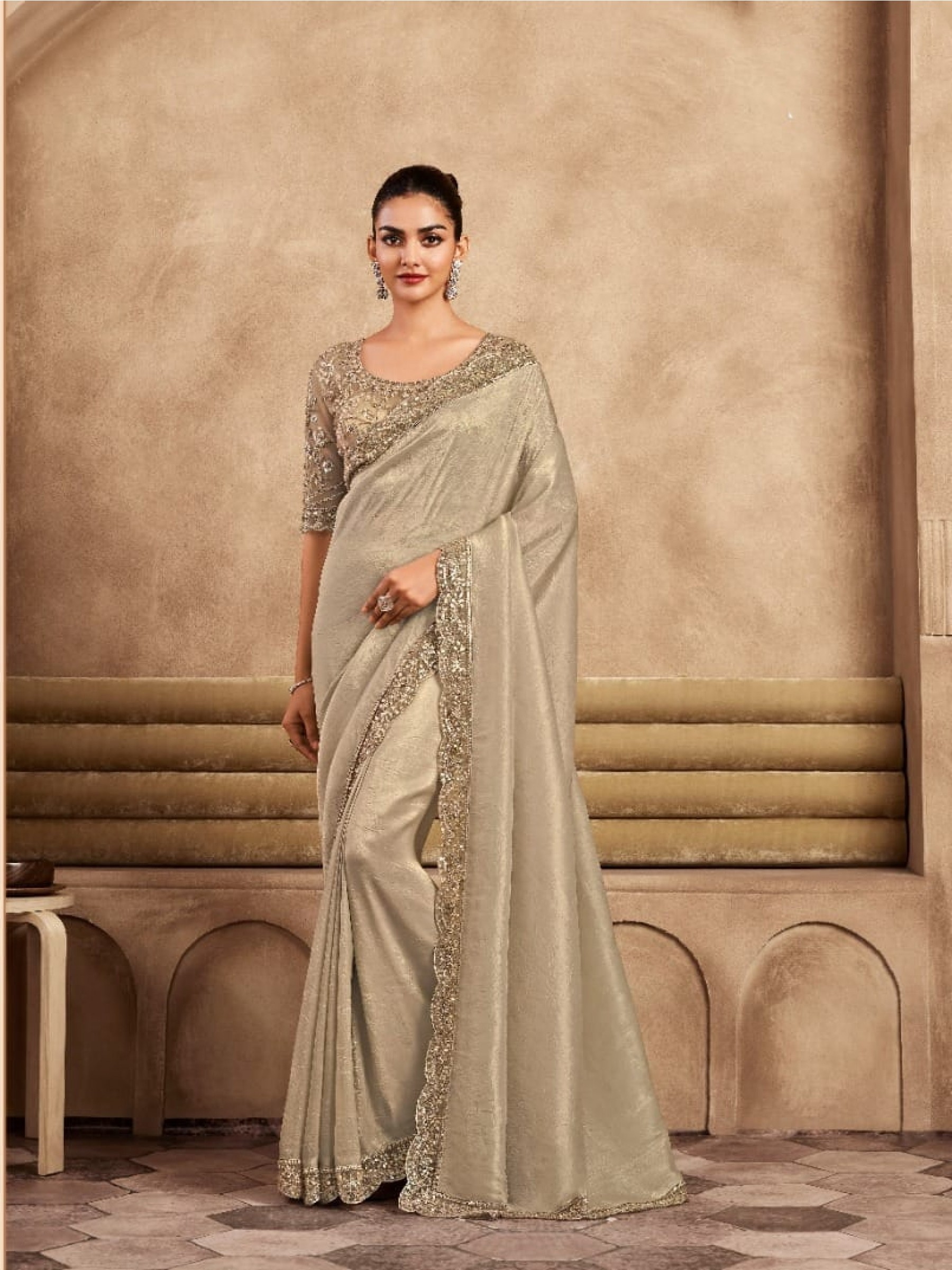 Soft Silk  Party wear Saree Beige Color With Embroidery Work