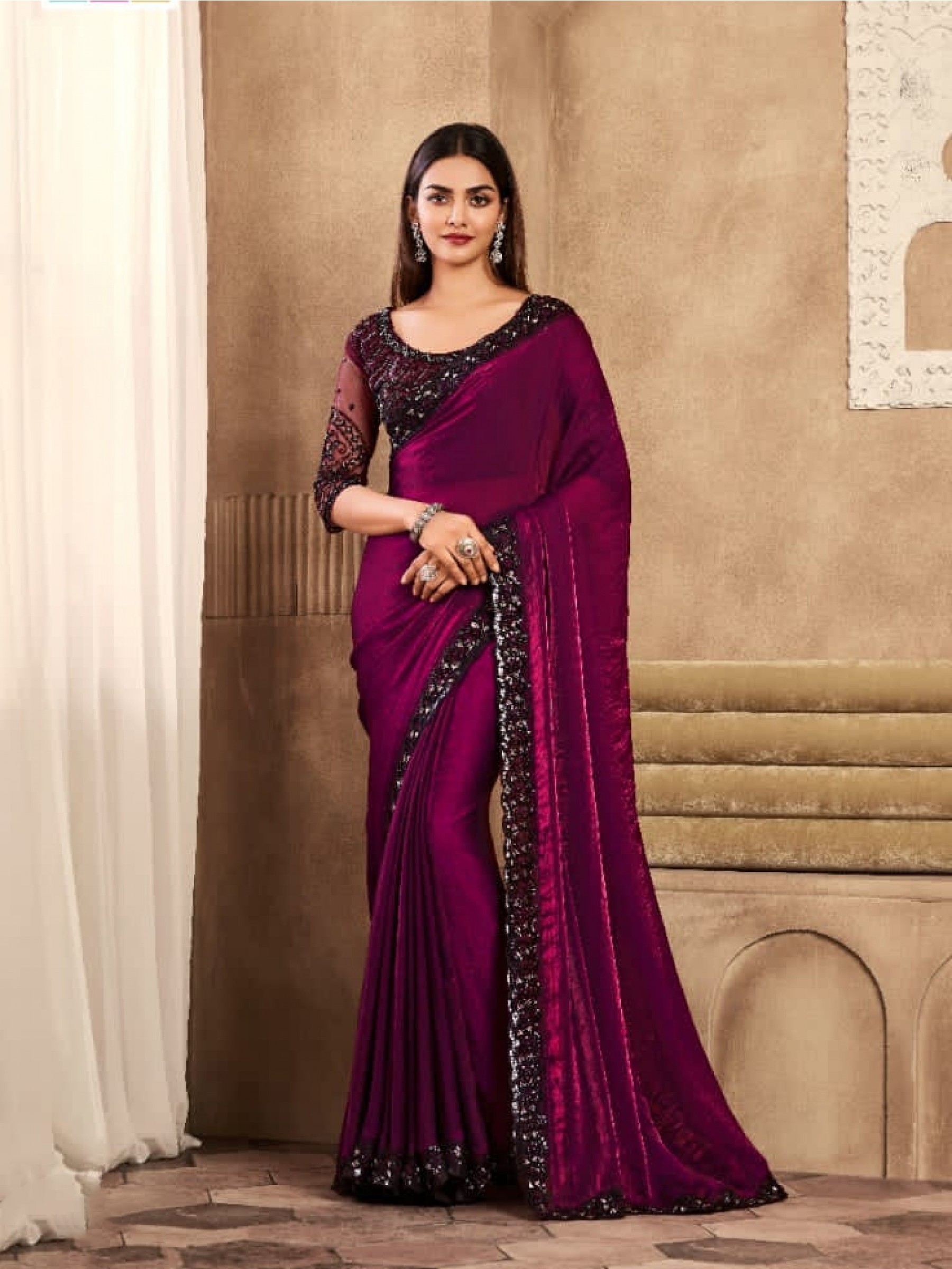 Soft Silk  Party wear Saree Wine  Color With Embroidery Work