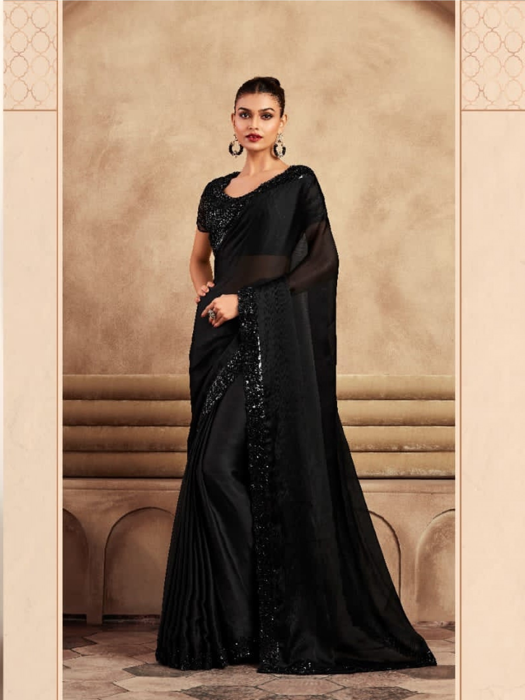Chiffon Silk  Party wear Saree Black Color With Embroidery Work