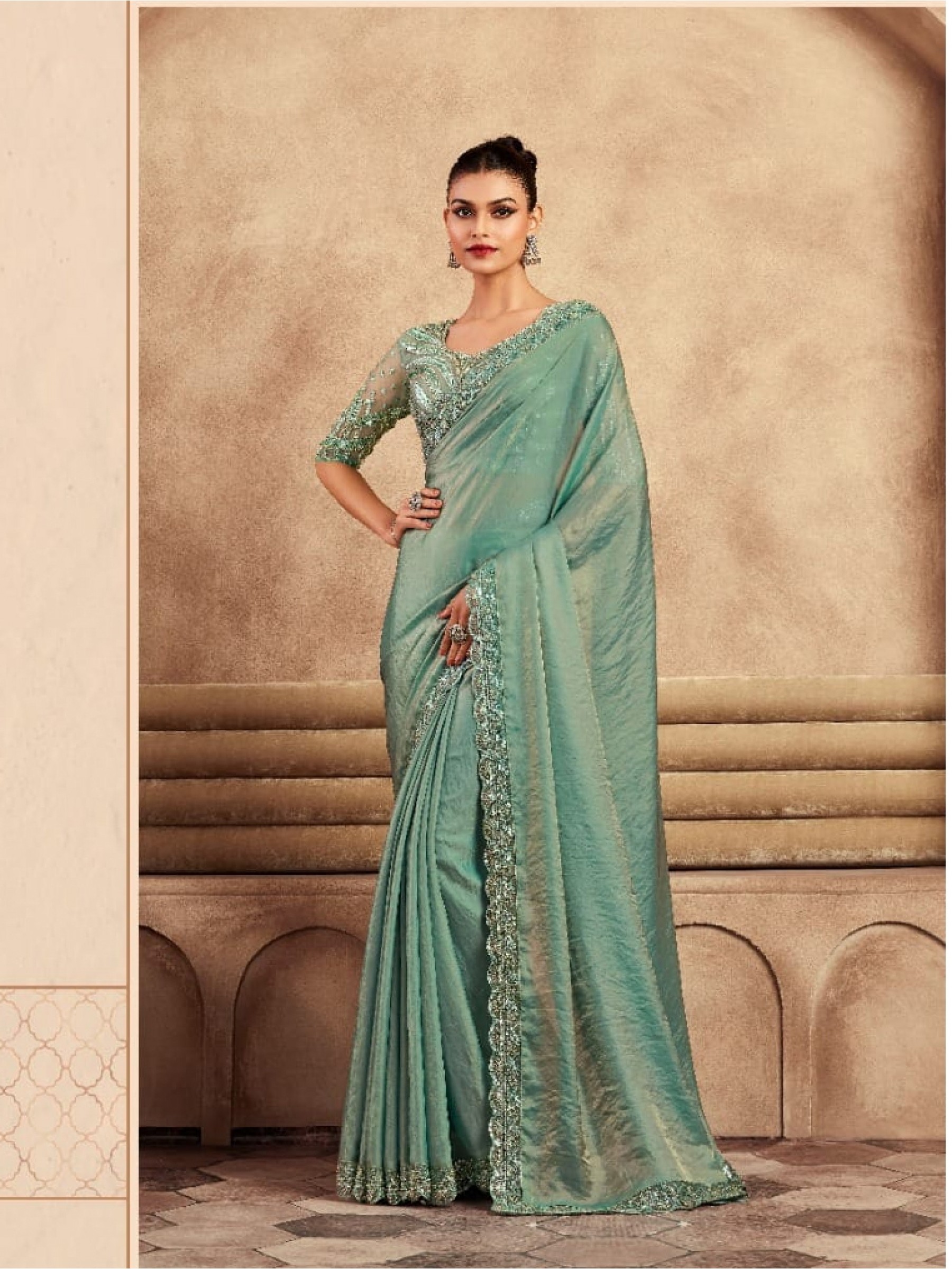 Soft Silk  Party wear Saree Sea Green Color With Embroidery Work
