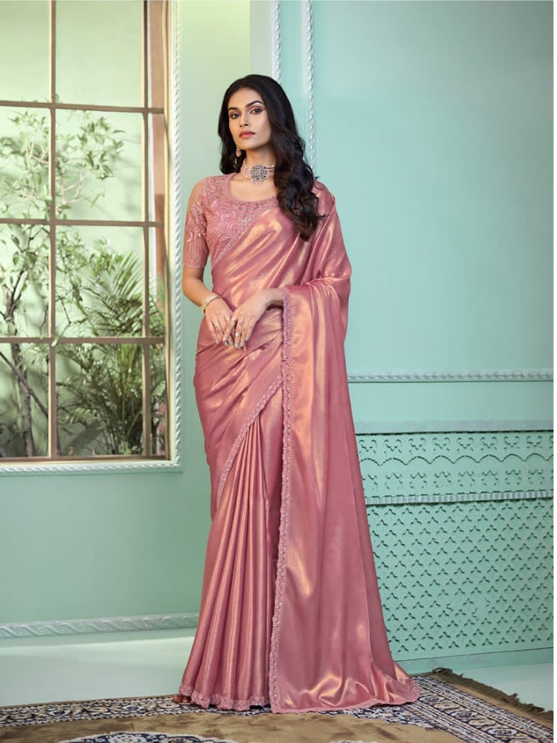 Georgette Shimmer  Party wear Saree Pink Color With Embroidery Work