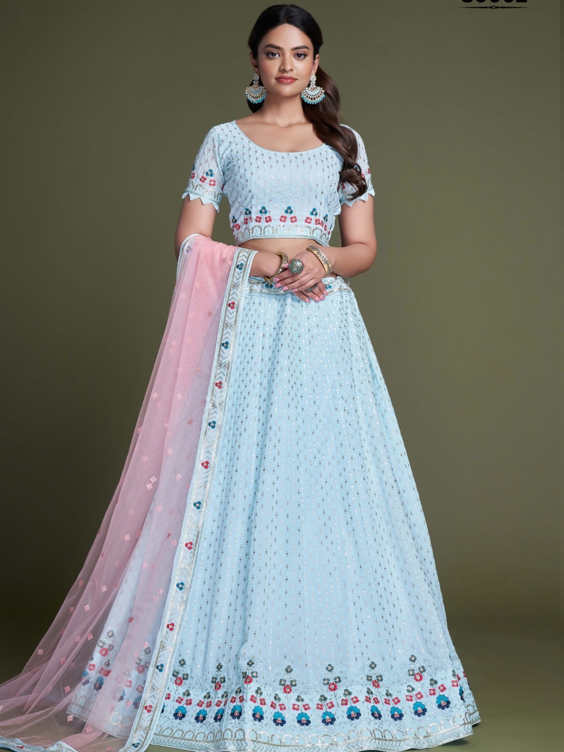 Soft Georgette Party Wear Lehenga In Sky Blue Color  With Embroidery Work