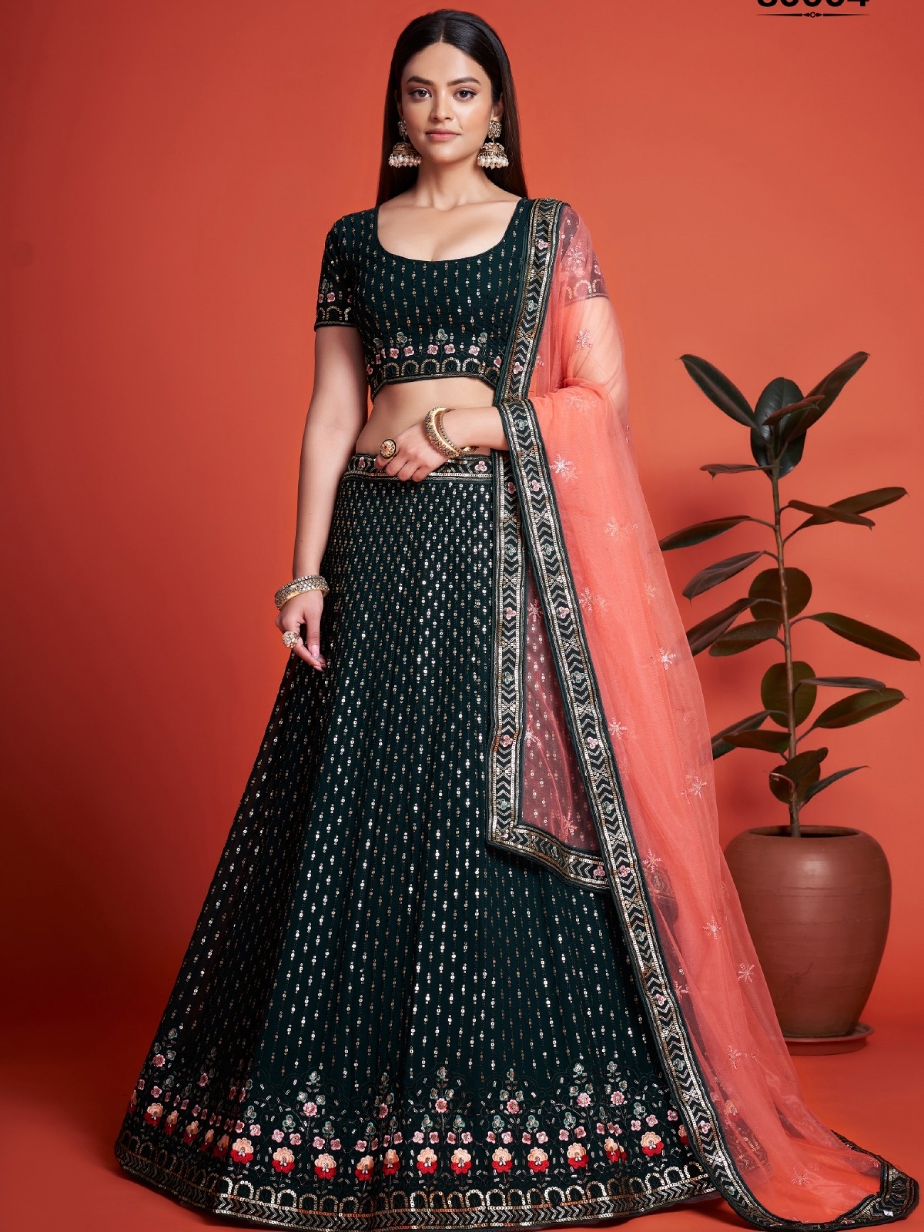 Soft Georgette Party Wear Lehenga In Green Color  With Embroidery Work