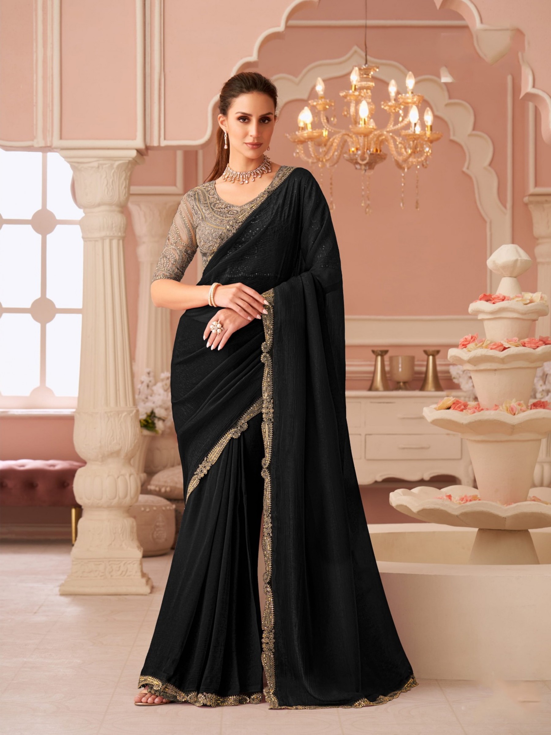 Georgette silk Party wear Saree Black Color With Embroidery Work