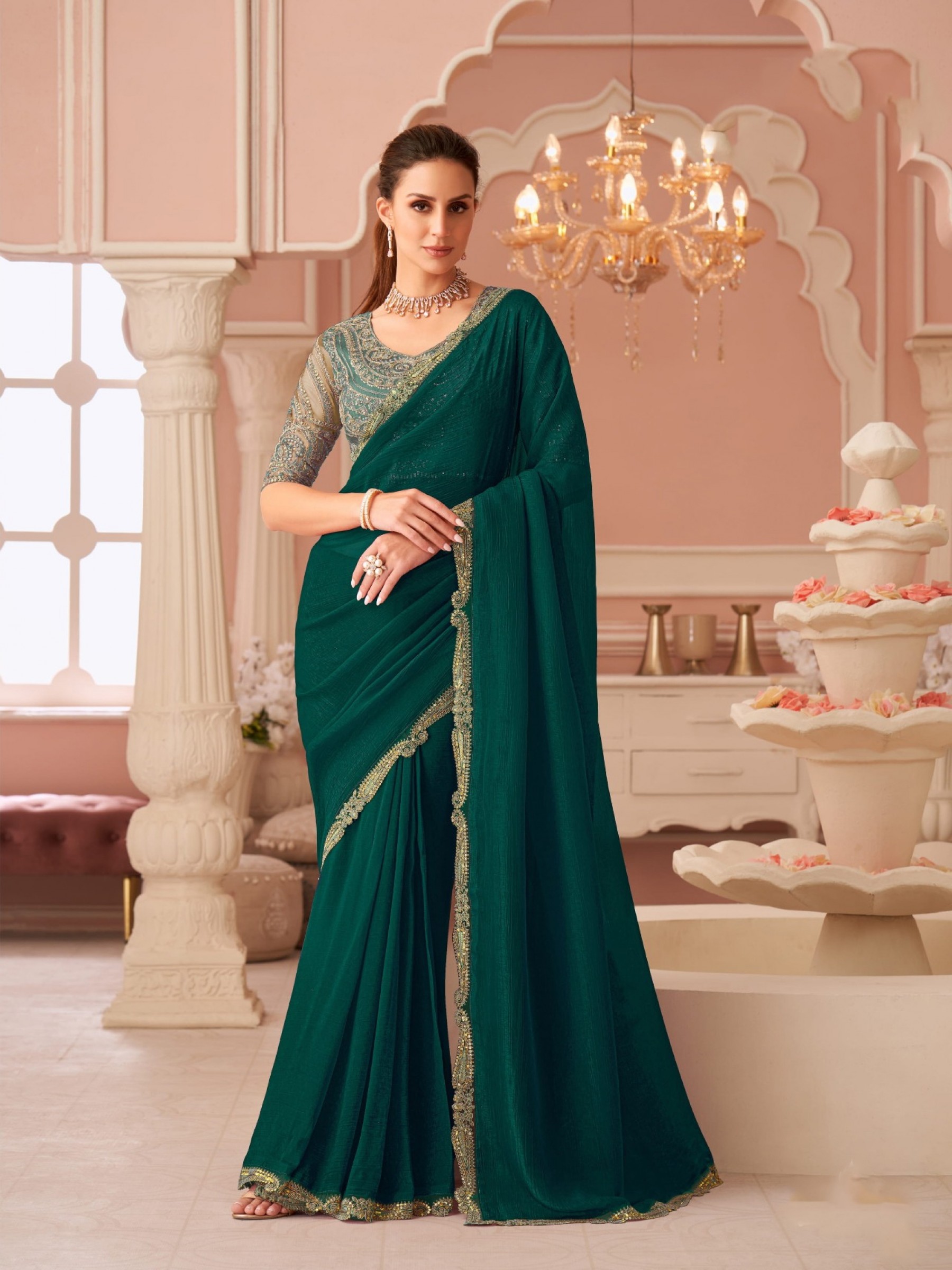 Georgette silk Party wear Saree Green Color With Embroidery Work