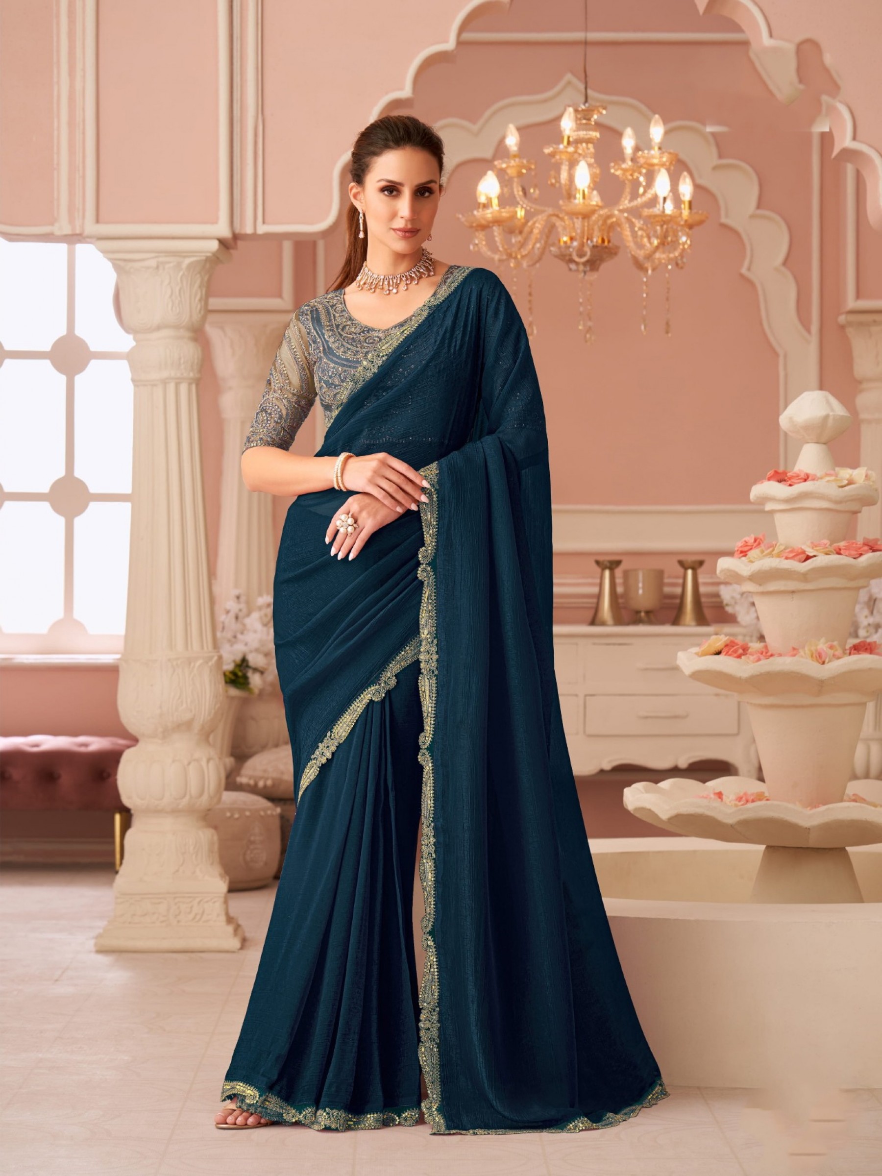 Georgette silk Party wear Saree Teal Color With Embroidery Work