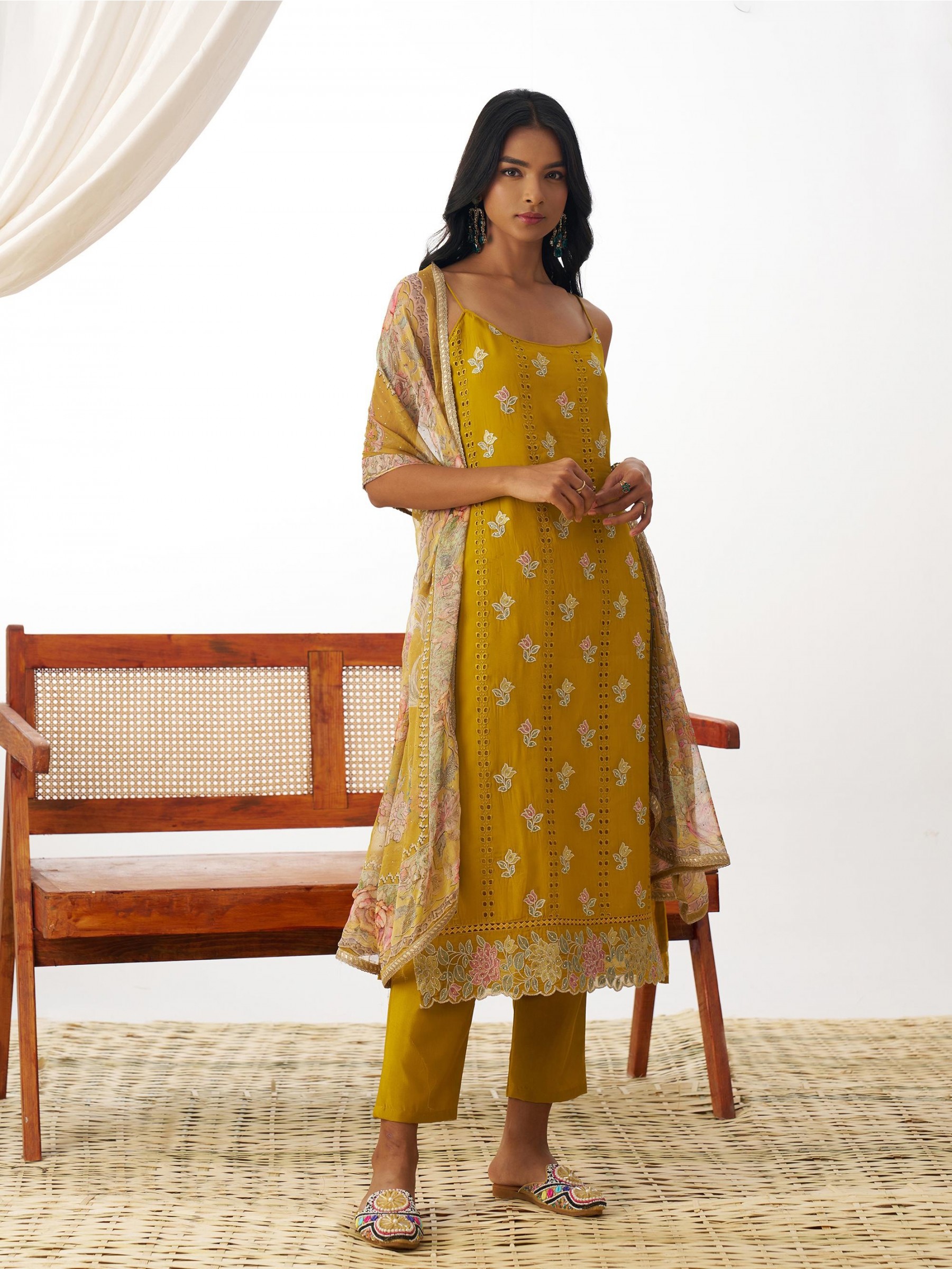 Pure Organza Silk Party Wear Suit Mustard Color with Embroidery work