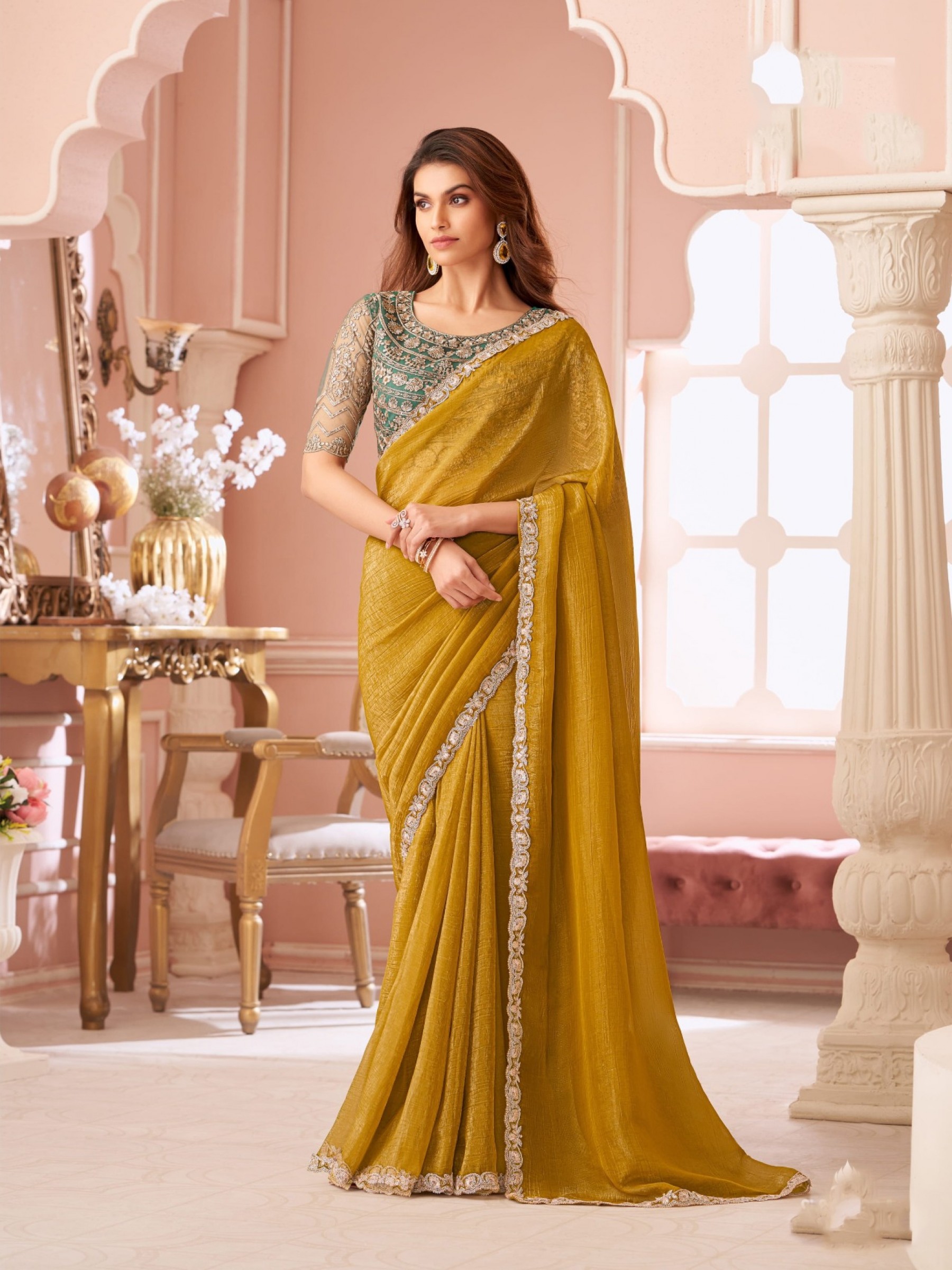 Georgette silk Party wear Saree Yellow Color With Embroidery Work
