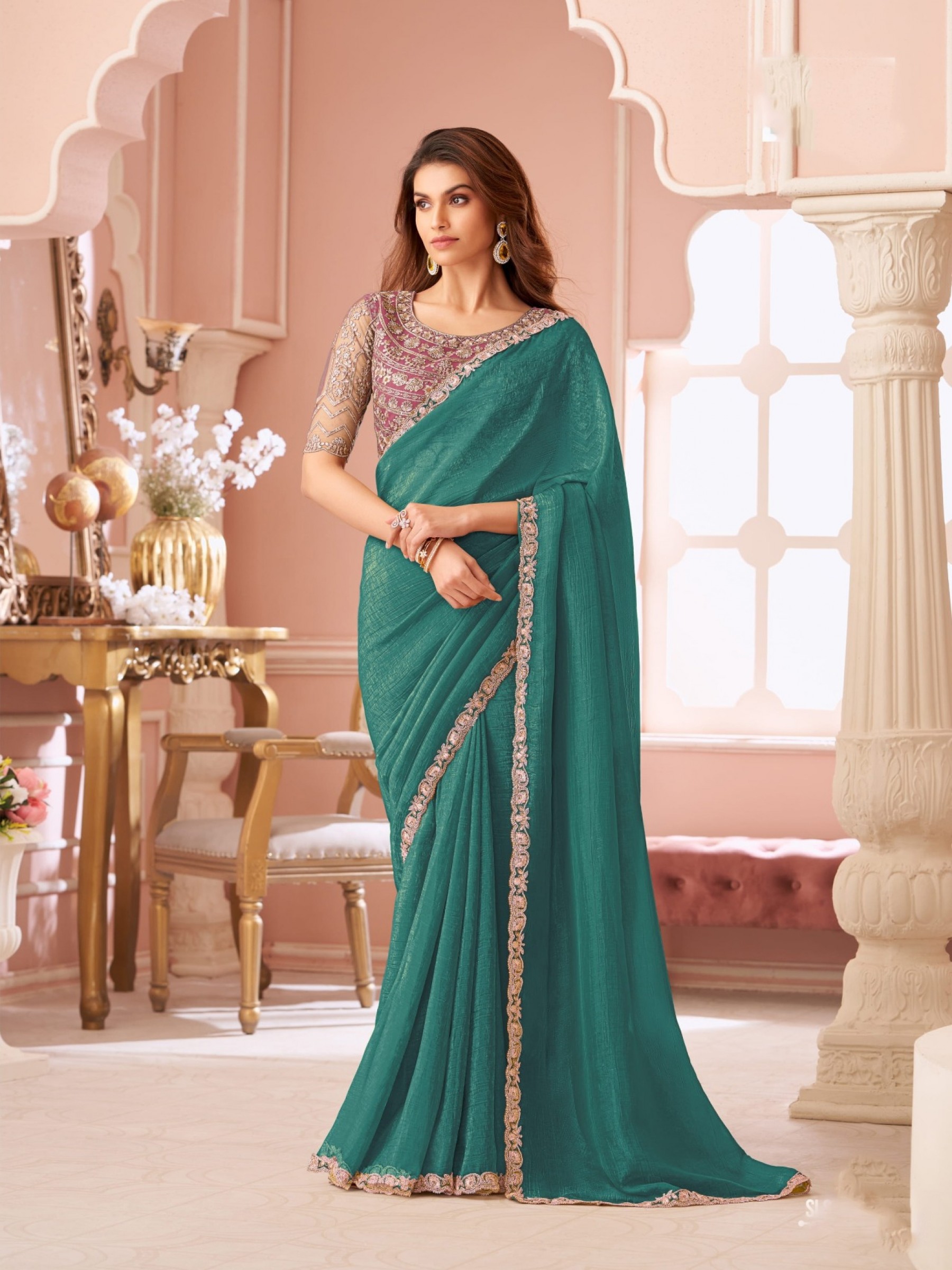 Georgette silk Party wear Saree Green Color With Embroidery Work