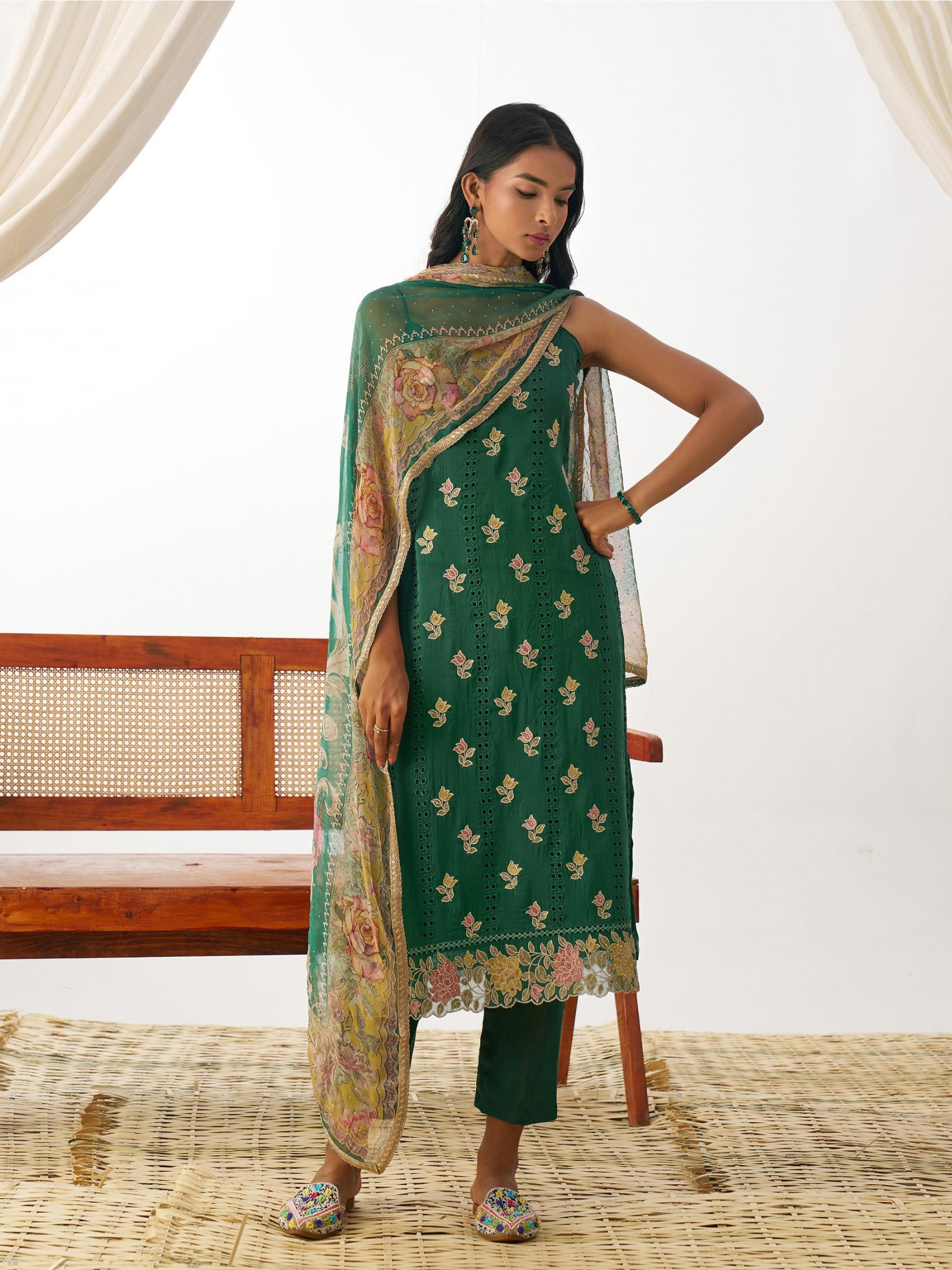 Pure Organza Silk Party Wear Suit Green Color with Embroidery work