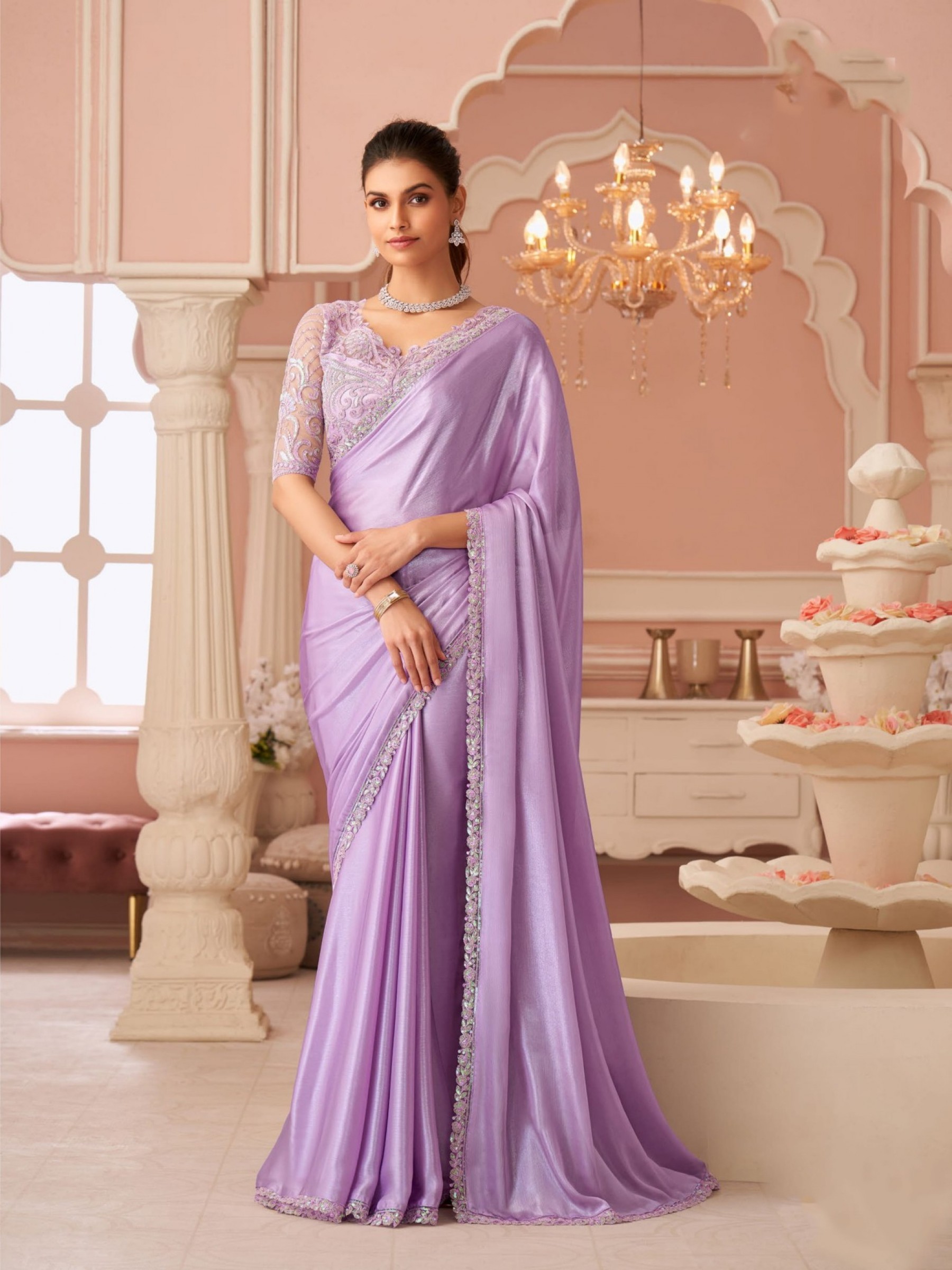 Chiffon Simmer silk Party wear Saree Lavender Color With Embroidery Work