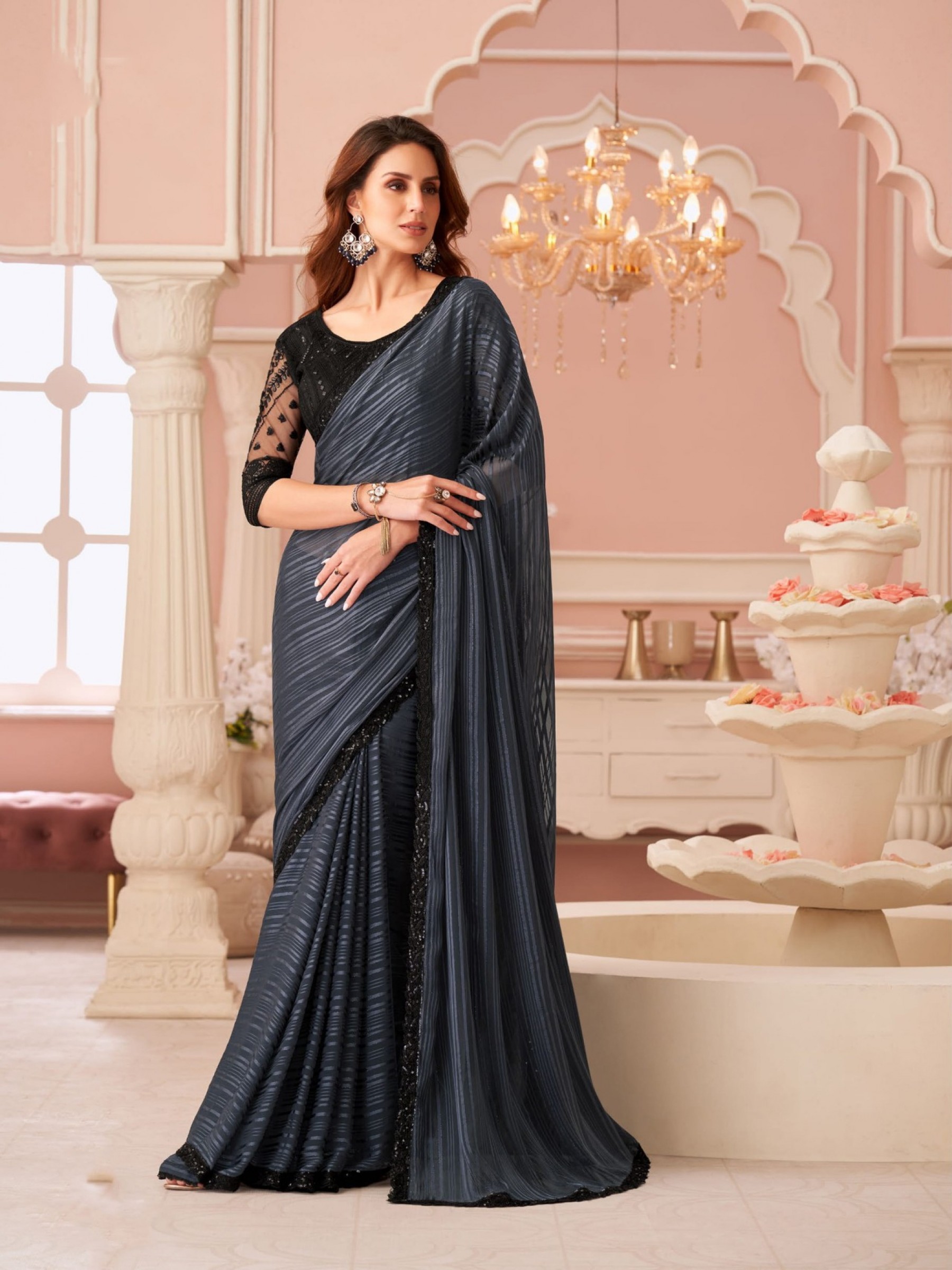 Georgette silk Party wear Saree Black Color With Embroidery Work