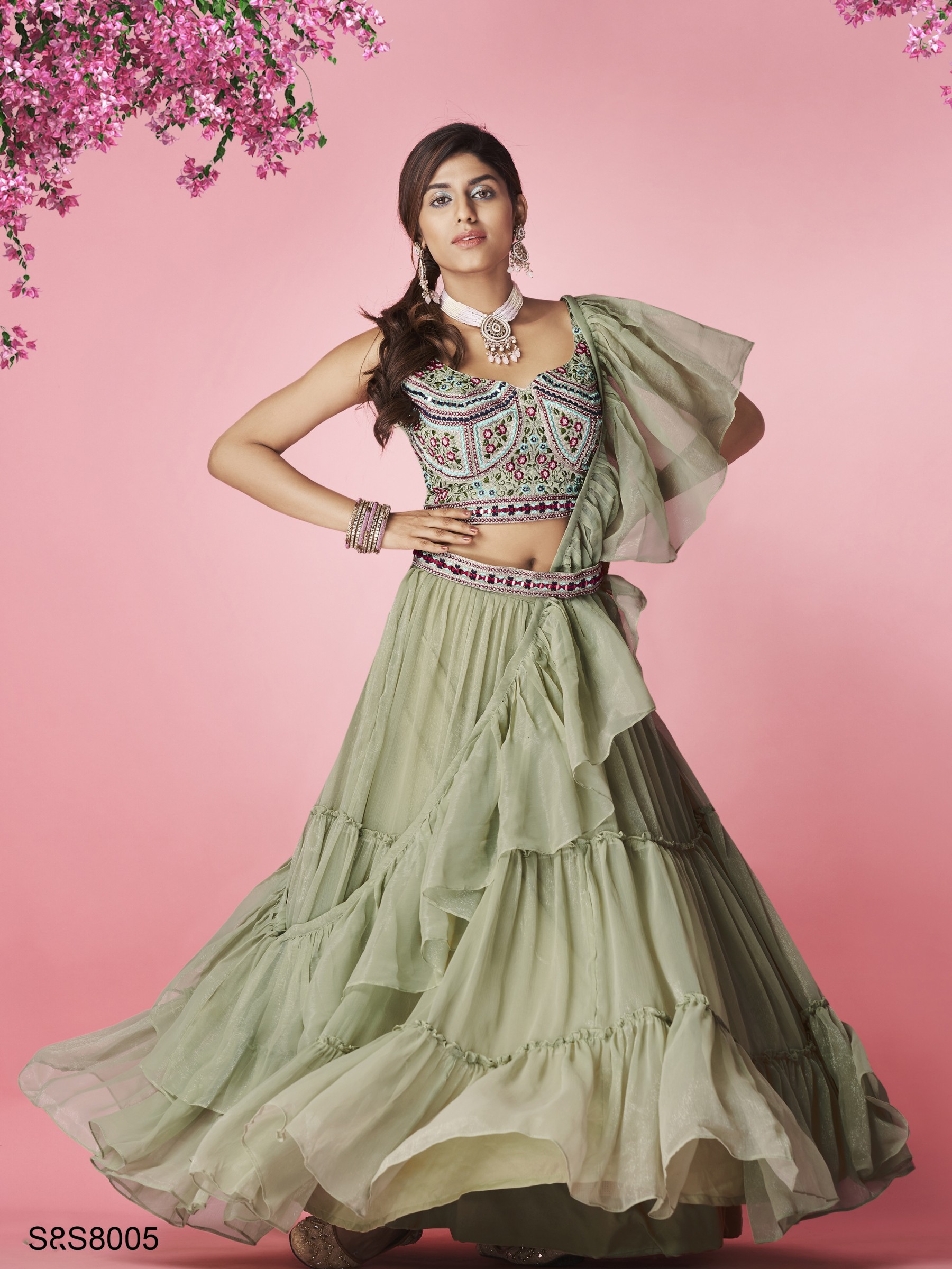 Chiffon Fabrics Party Wear Lehenga in Olive Green Color With Embroidery Work 