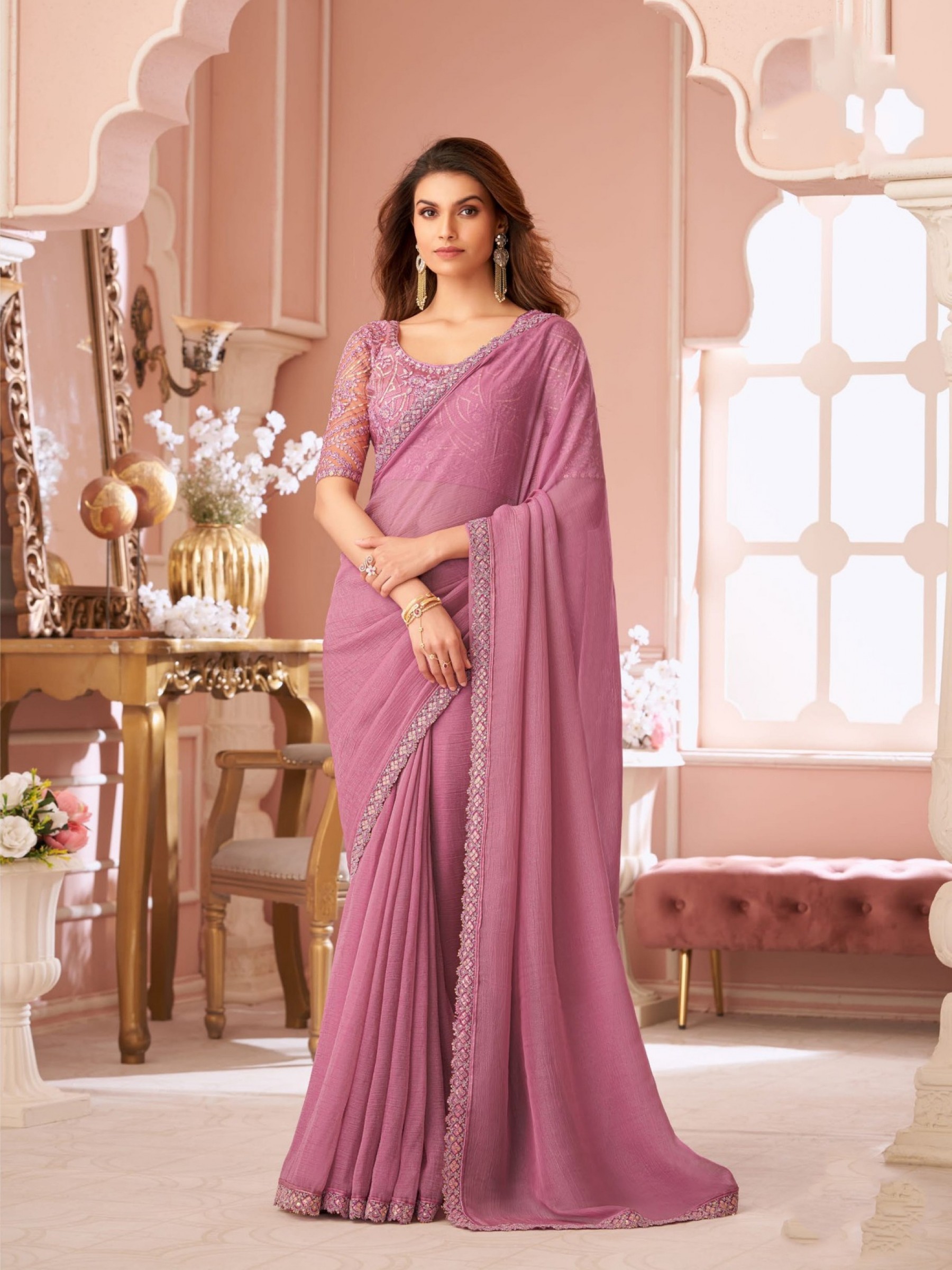 Georgette silk Party wear Saree Pink Color With Embroidery Work
