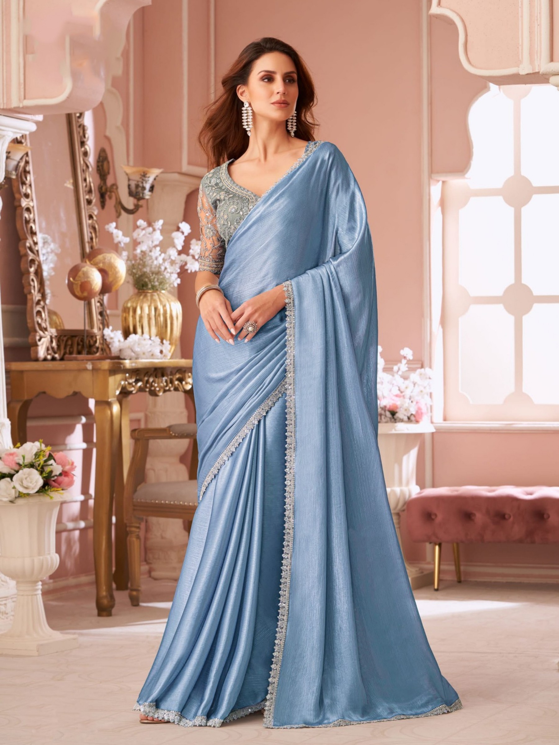 Chiffon Simmer silk Party wear Saree Sky Blue Color With Embroidery Work
