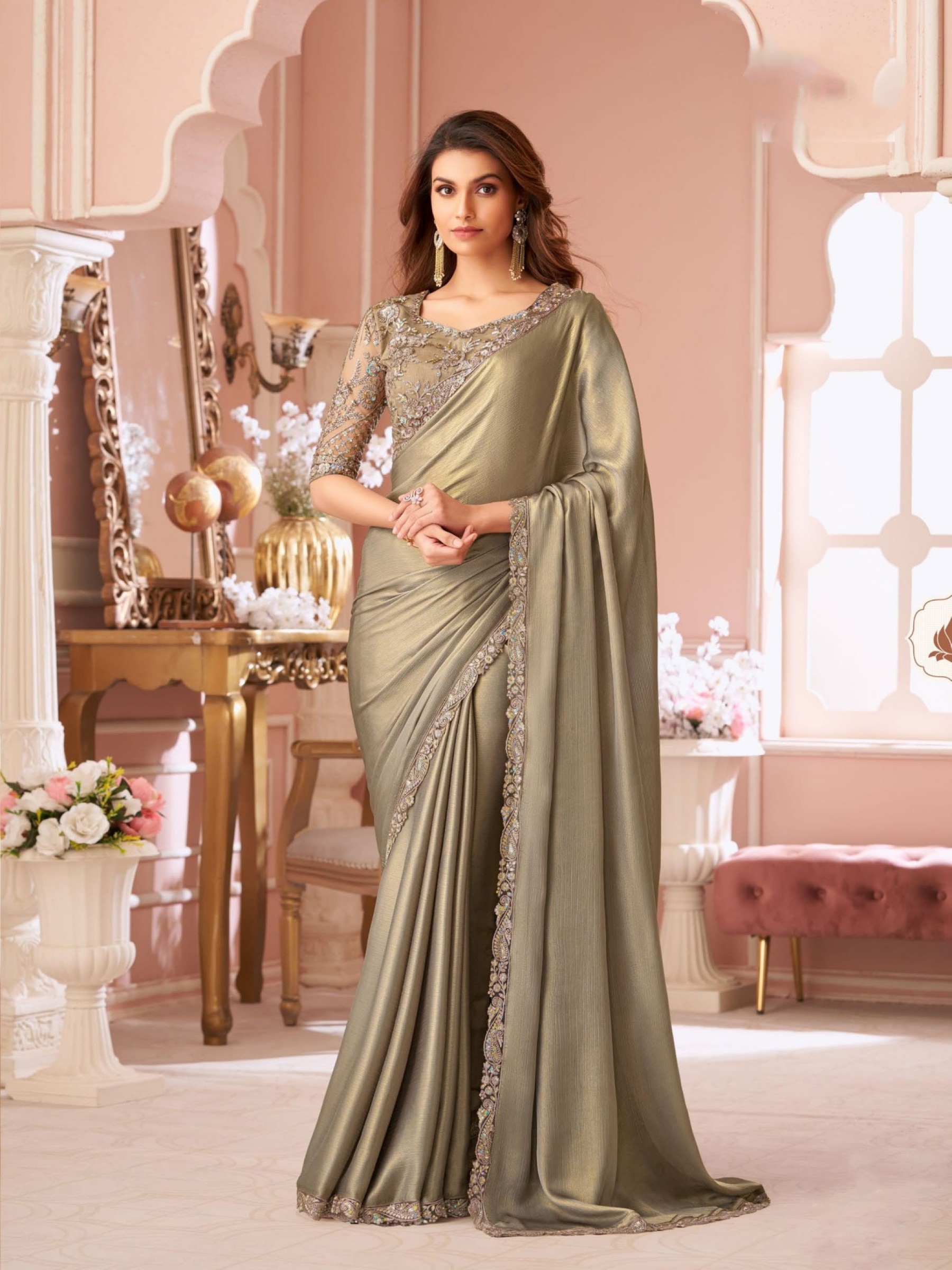 Chiffon Simmer silk Party wear Saree Lime Green Color With Embroidery Work