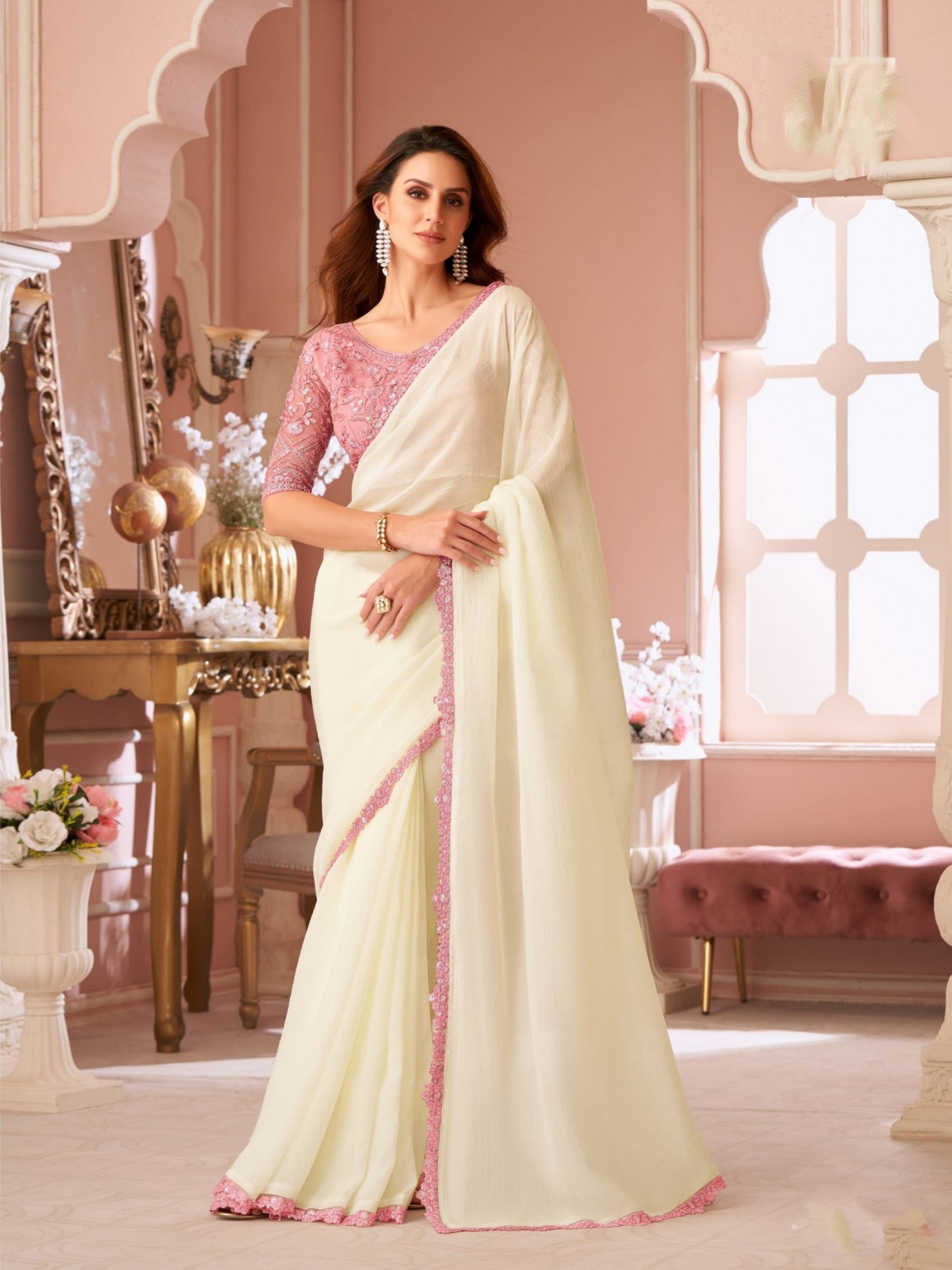 Georgette silk Party wear Saree Off White Color With Embroidery Work