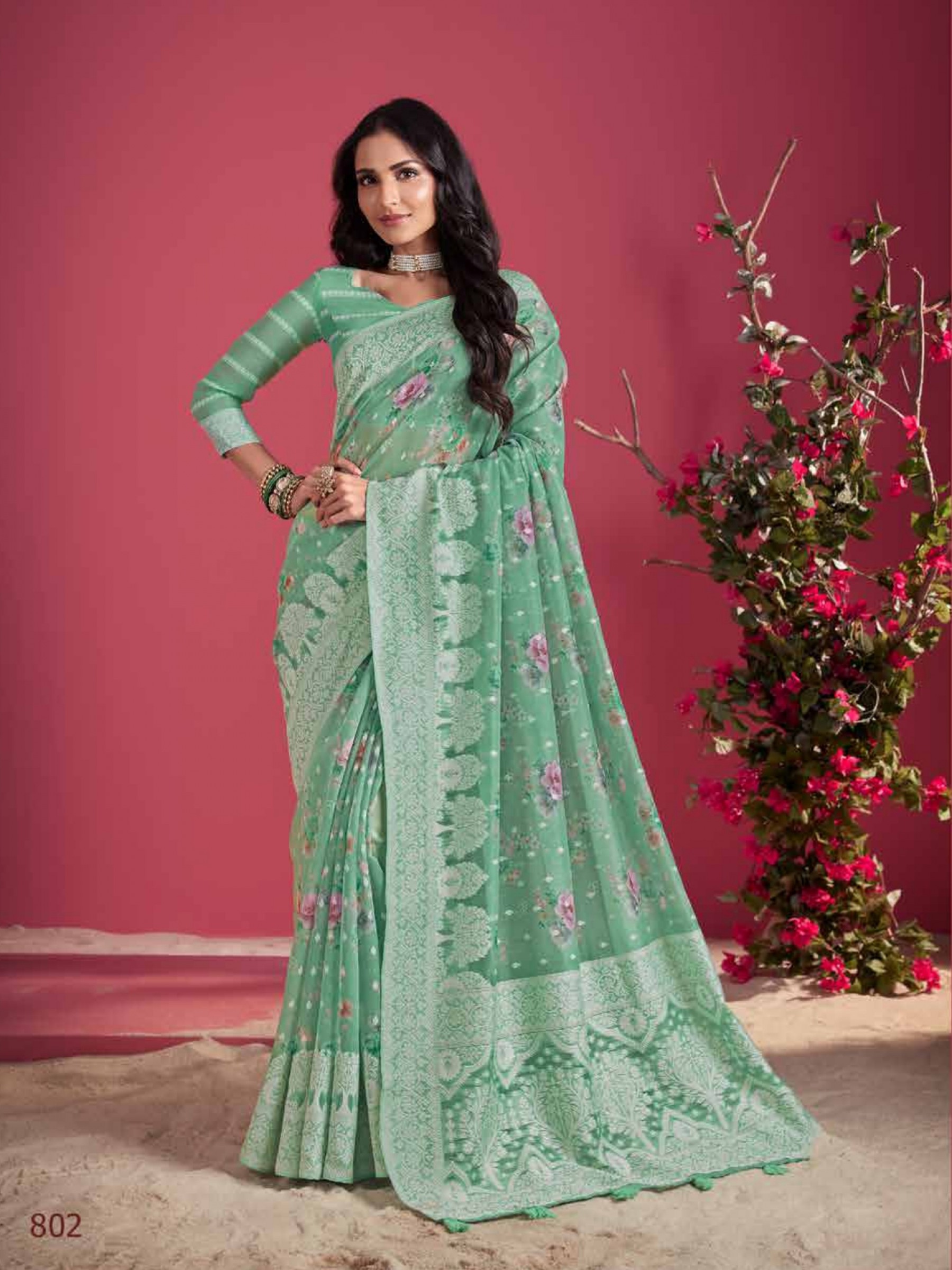  Silk Saree In Green Color With Digital Print Work