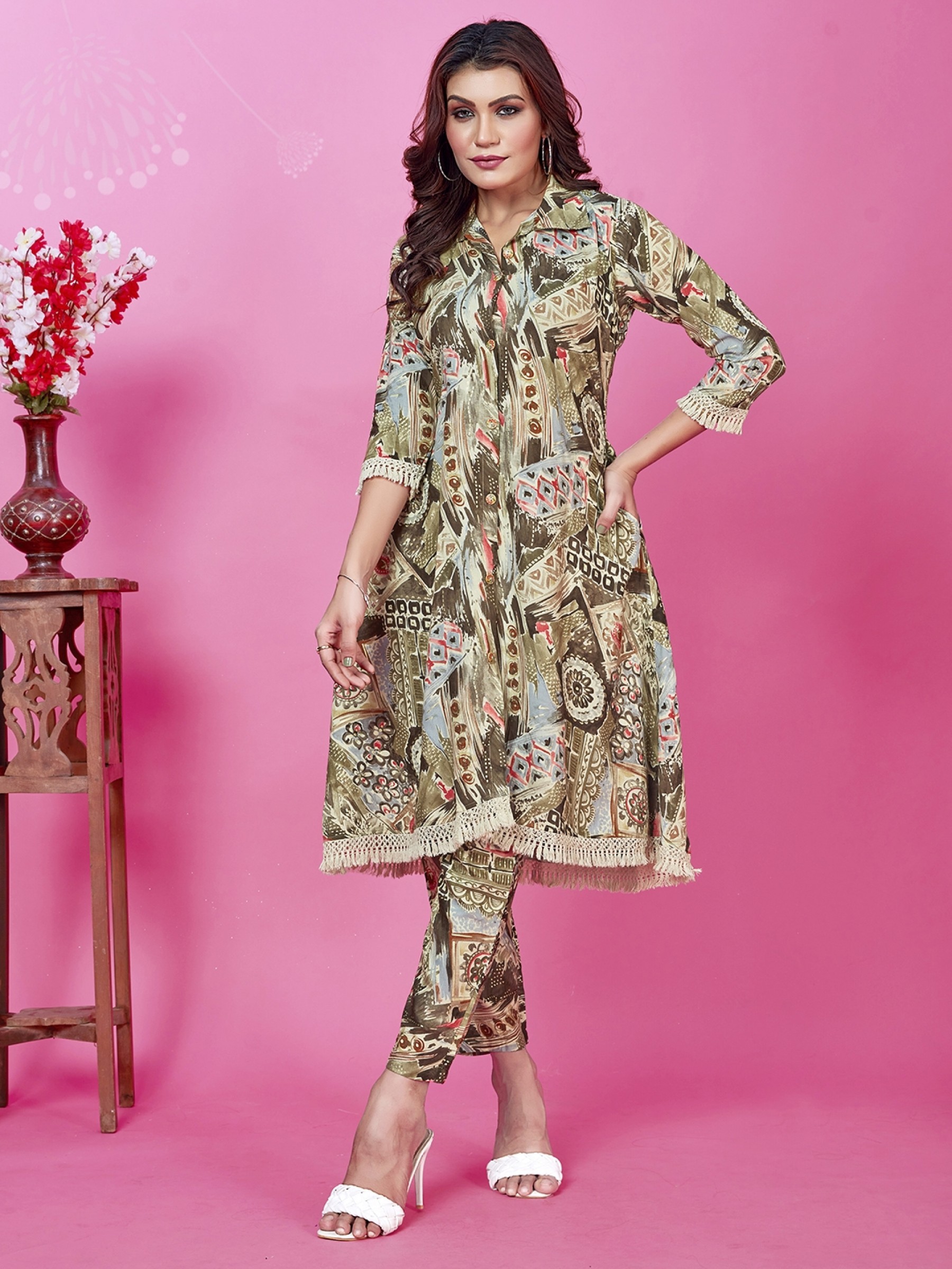 Rayon Silk Co-Ord Set In Multi Color   
