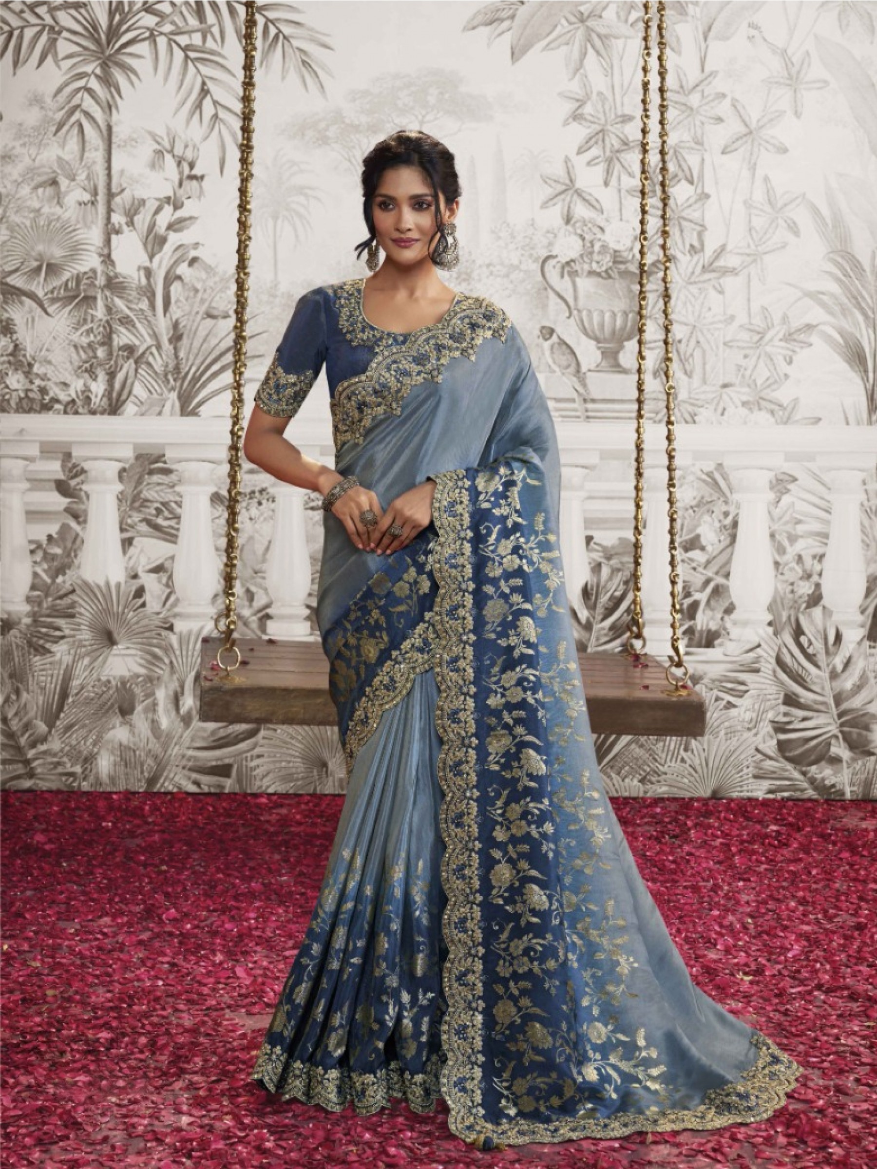 Soft Silk Wedding wear Saree Blue Color With Embroidery Work