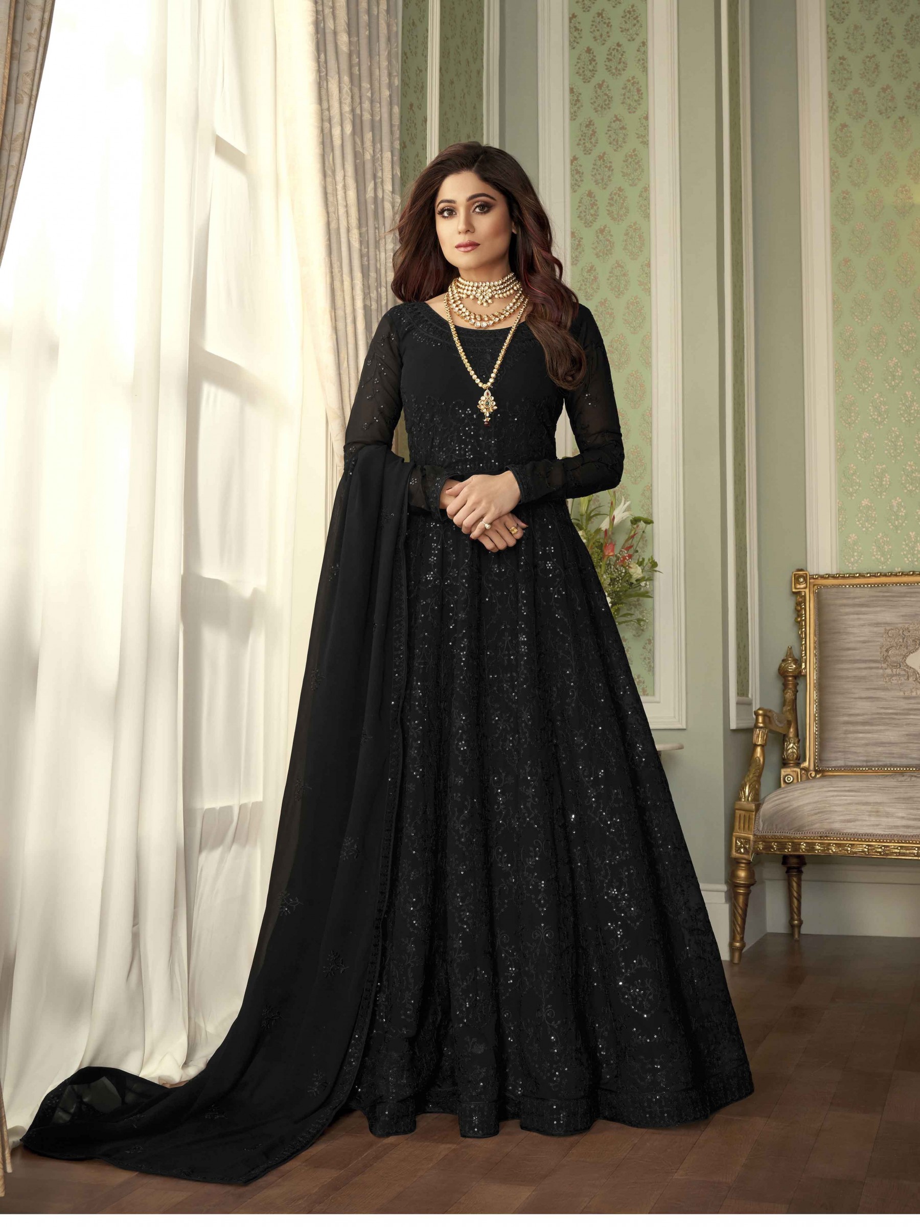 Pure Georgette Fabrics Party Wear Readymade Gown In Black Color With Embroidery Work