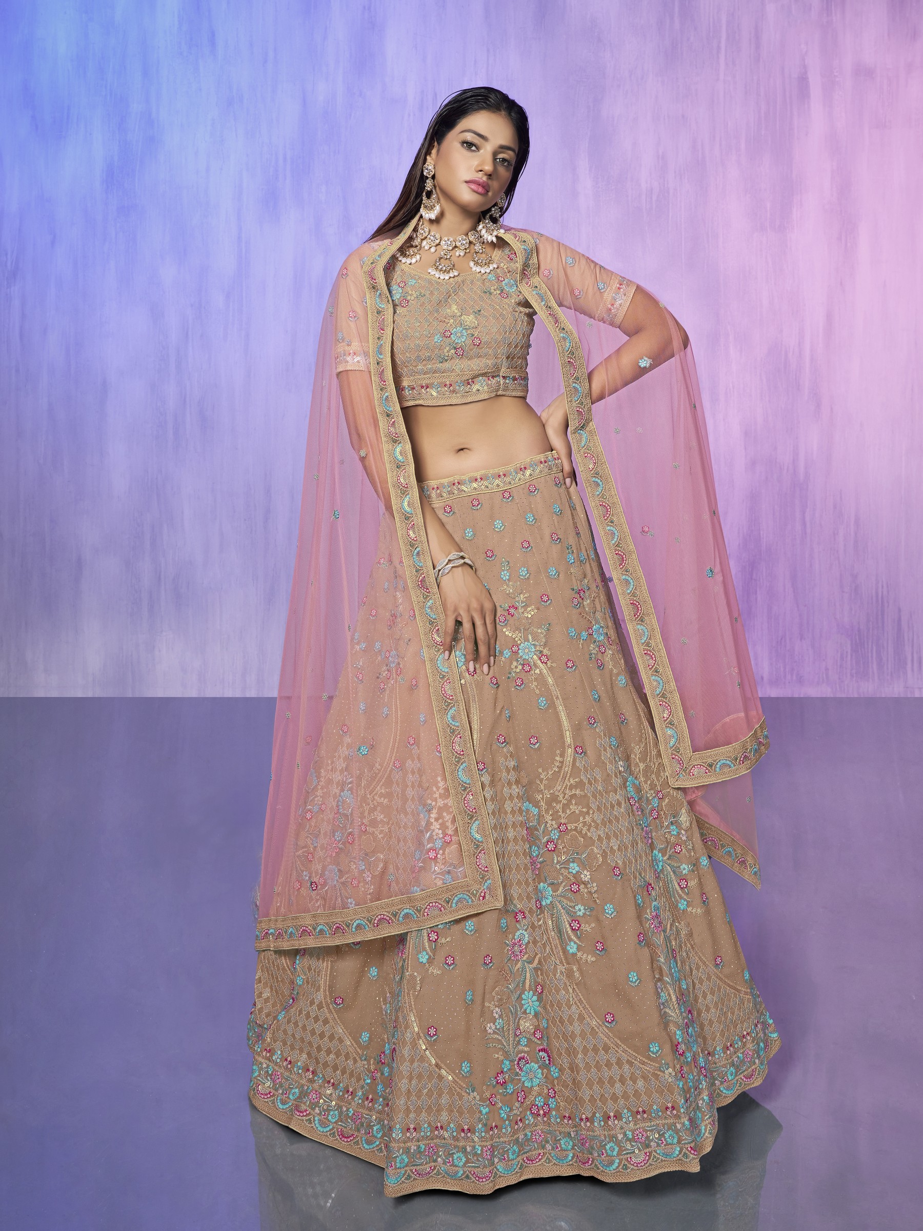 Georgette Party Wear Lehenga In Beige Color  With Embroidery Work