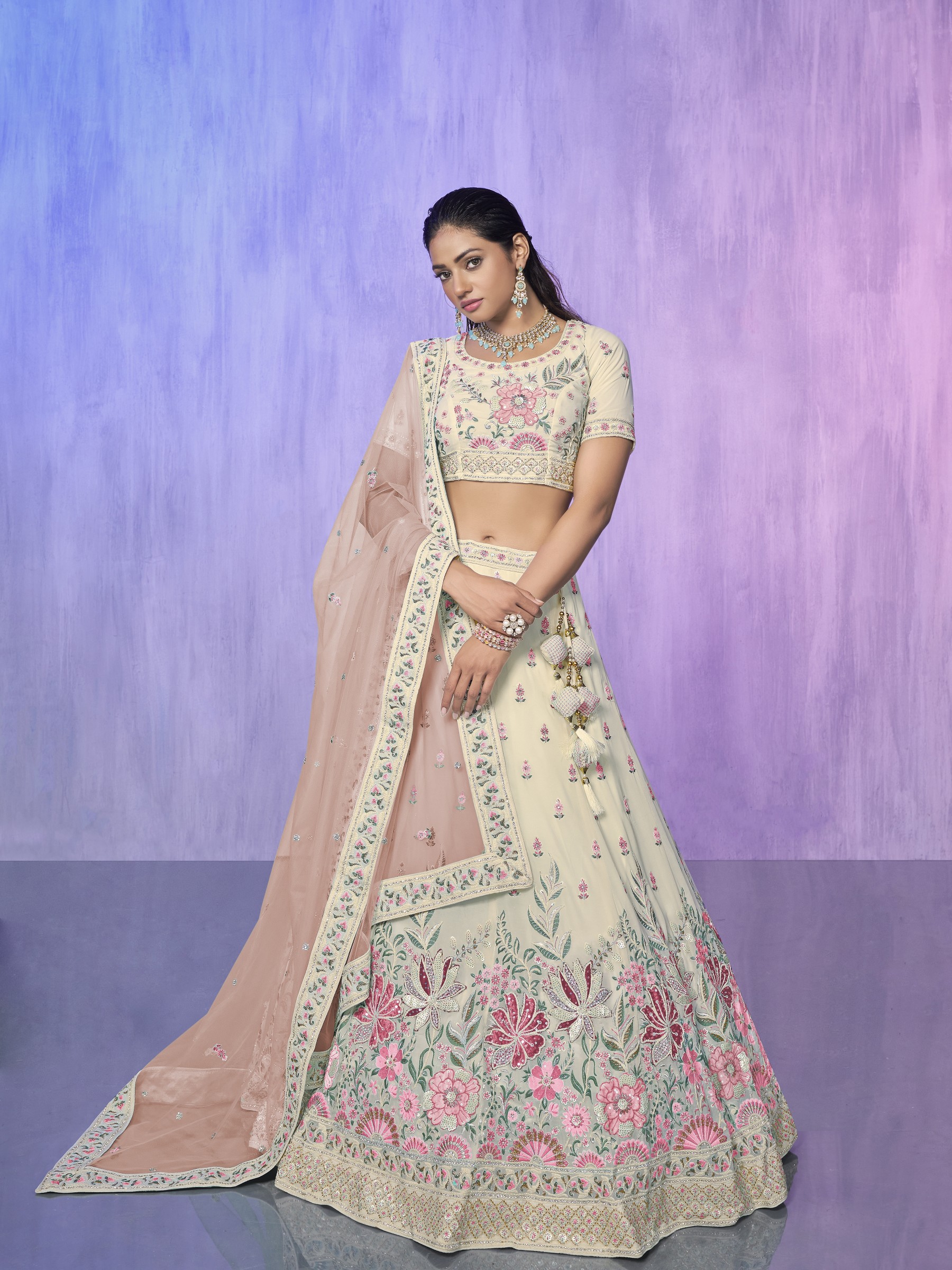 Georgette Party Wear Lehenga In White Color  With Embroidery Work