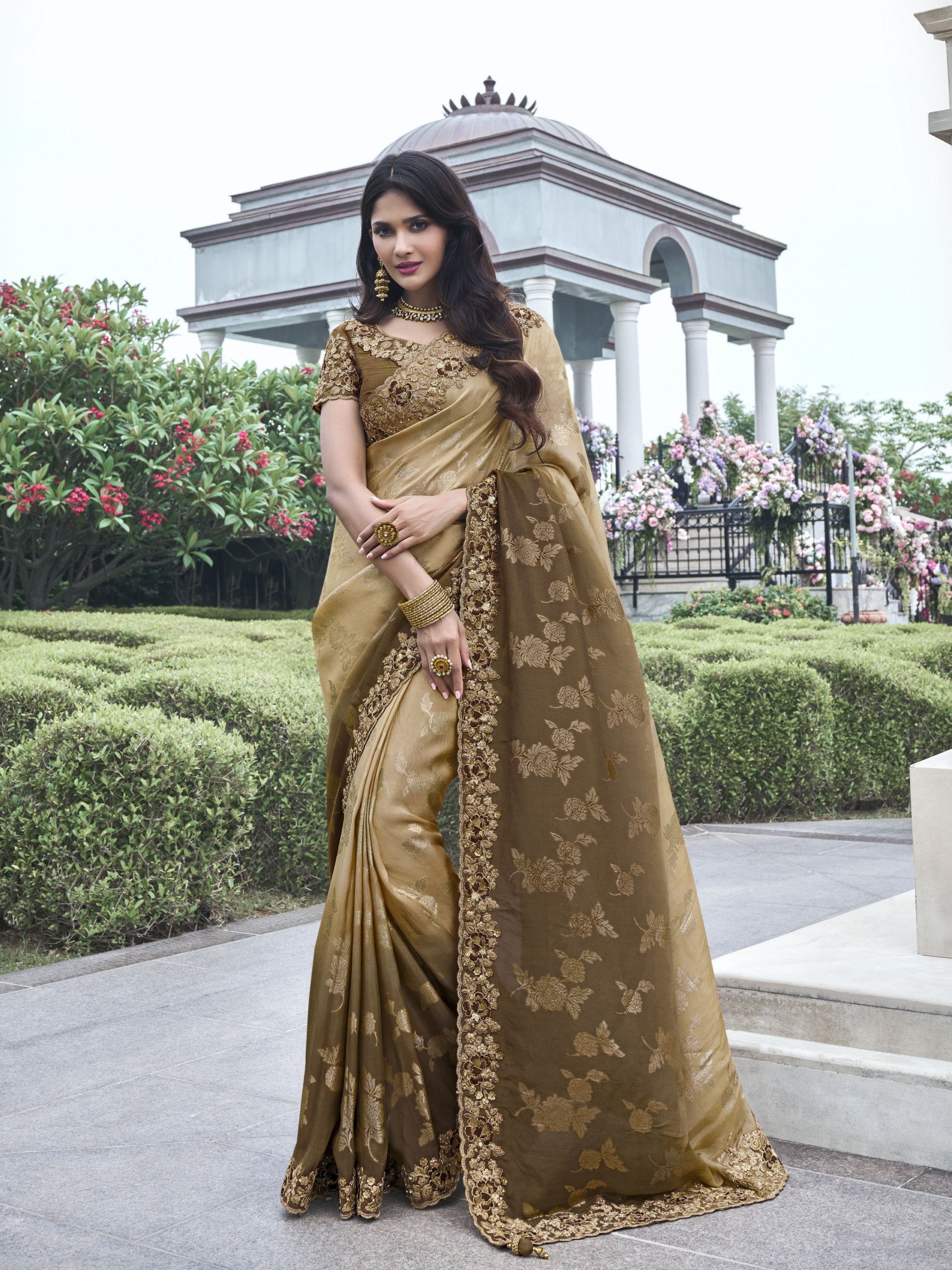 Pure Tissue Silk Wedding wear Dark Brown Color With Embroidery Work