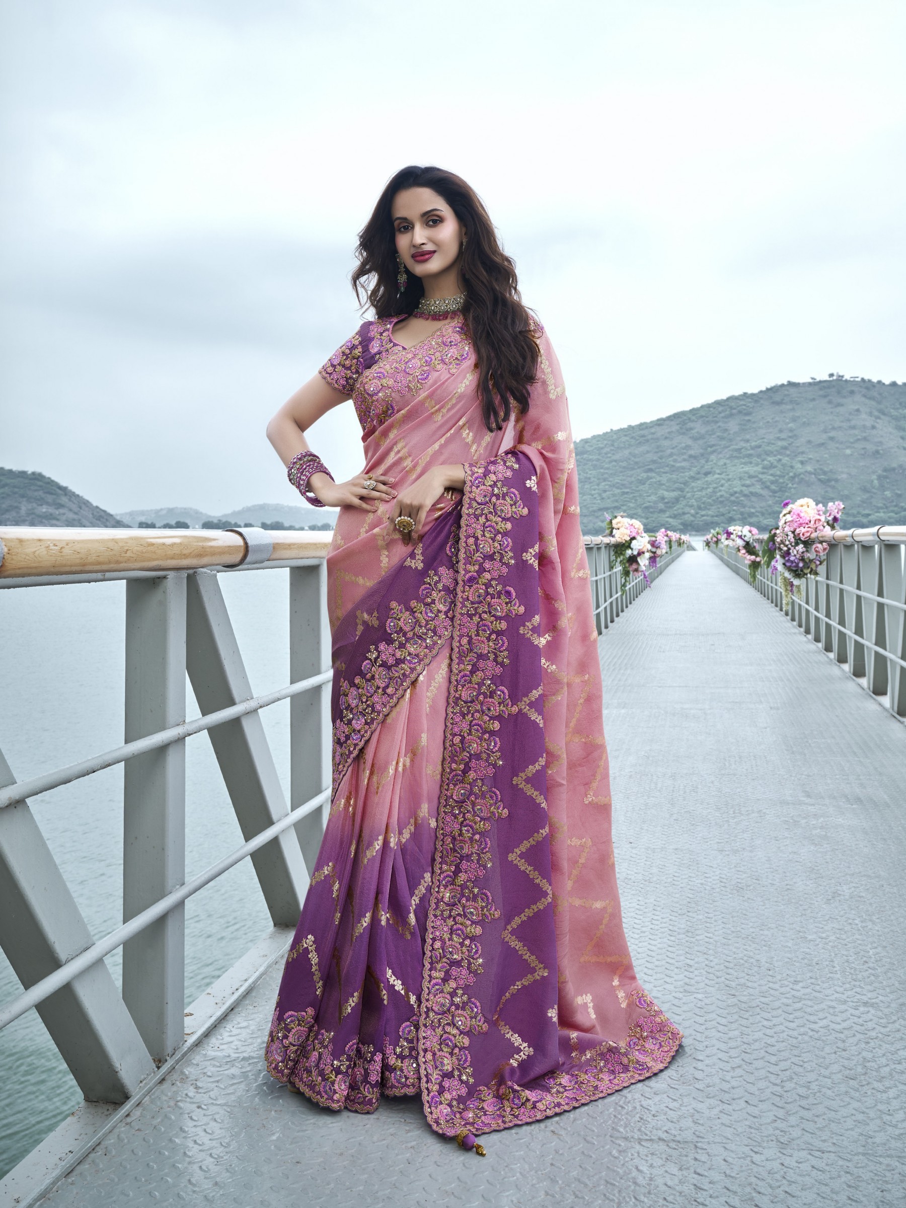 Pure Tissue Silk Wedding wear Pink & Purple Color With Embroidery Work
