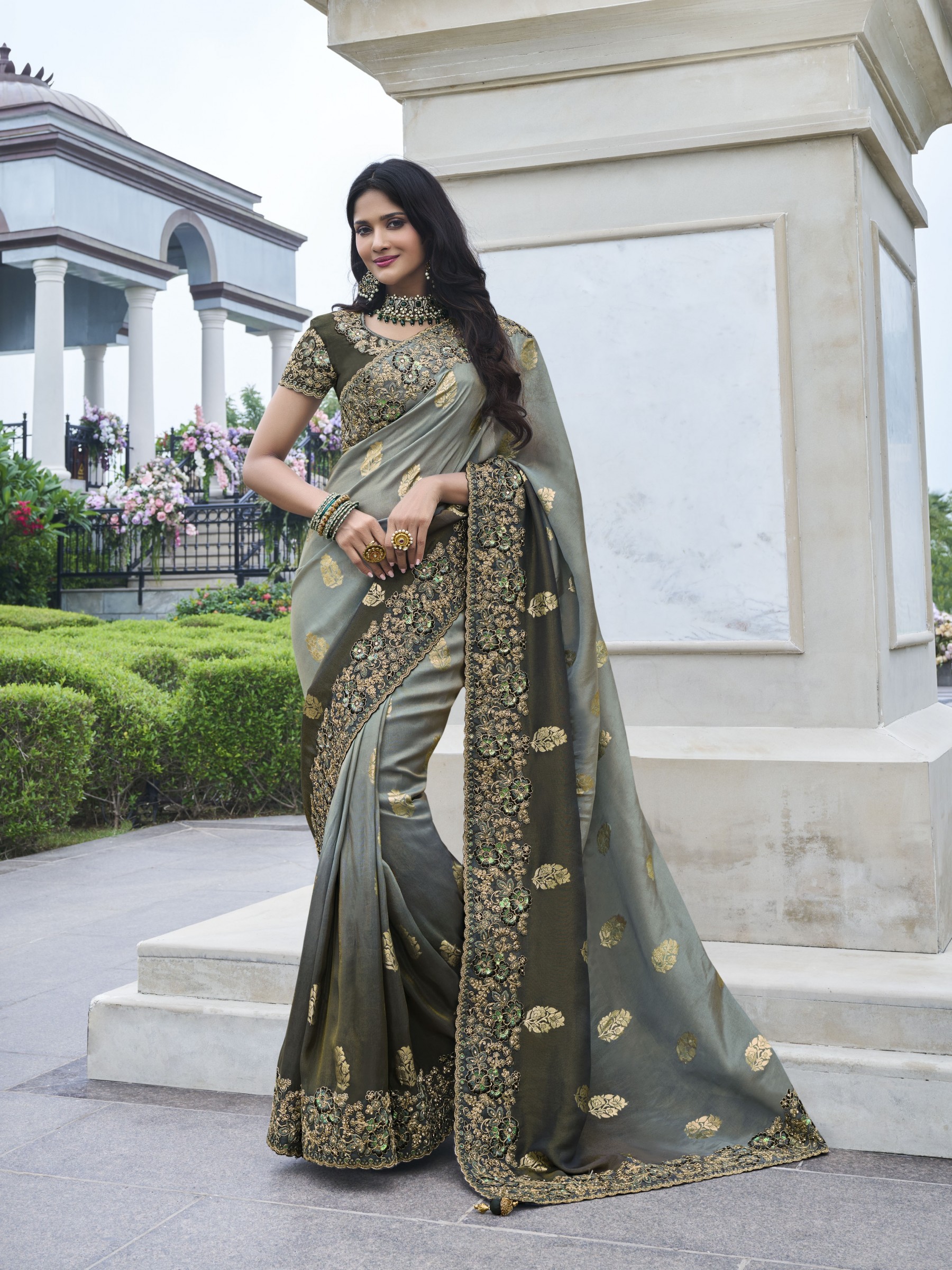 Pure Tissue Silk Wedding wear Grey Color With Embroidery Work
